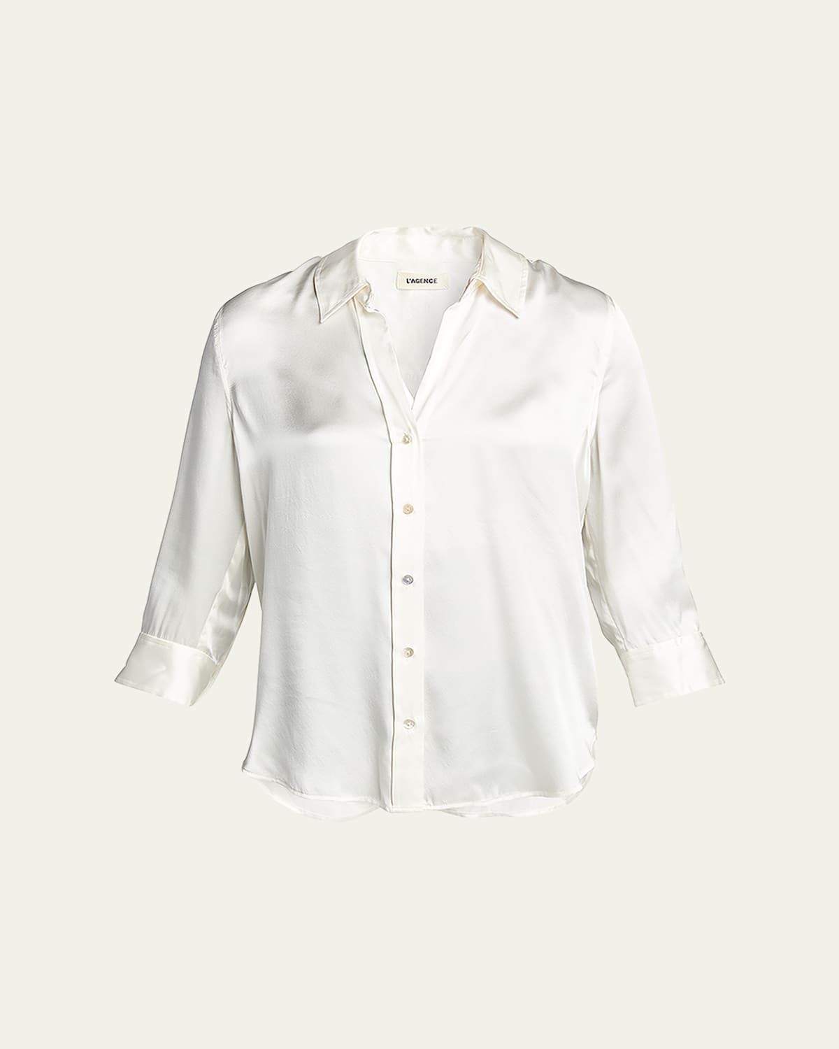 Shop L Agence Dani Silk Satin 3/4-sleeve Button-down Blouse In Ivory