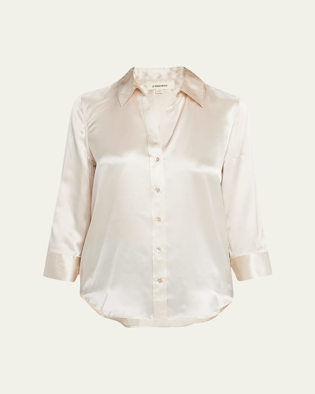 L Agence Dani Silk Satin 3/4-sleeve Button-down Blouse In Beige