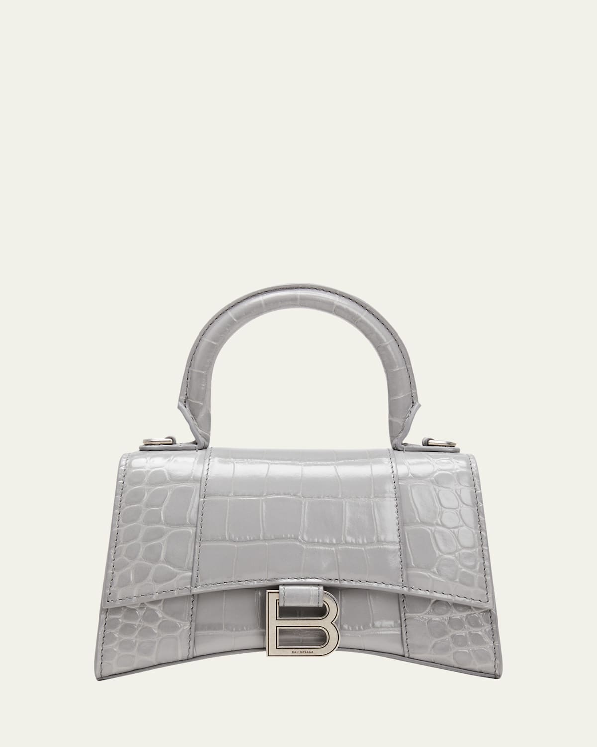 Balenciaga Hourglass Xs Top Handle Bag In Croc Embossed Metallic Leather In Gray