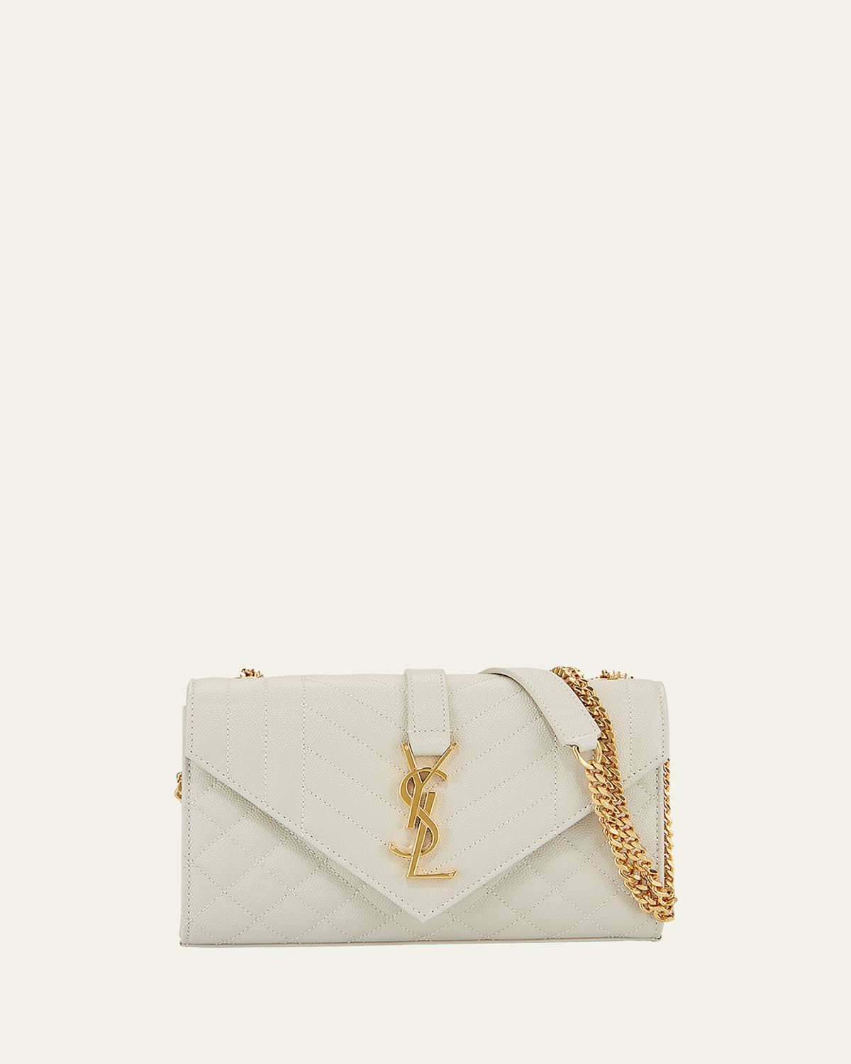 Saint Laurent Envelope Triquilt Small Ysl Shoulder Bag In Grained Leather In White