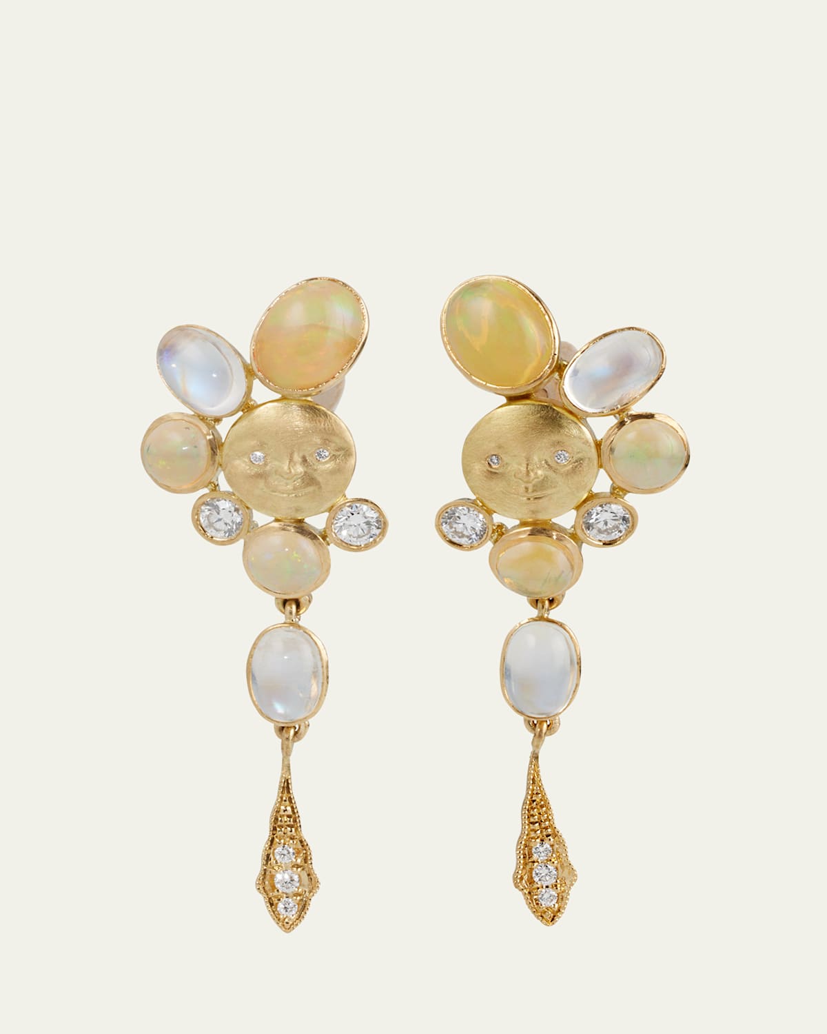 18K Yellow Gold Lunar Ellipse Stud Earrings with Diamonds, Opal and Moonstone