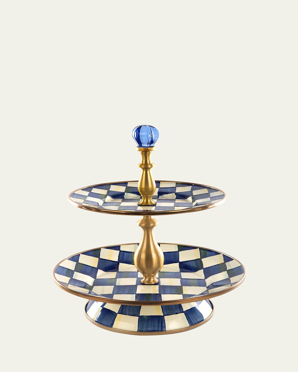 Mackenzie-childs Royal Check Enamel Two Tier Sweet Stand In Blue/white