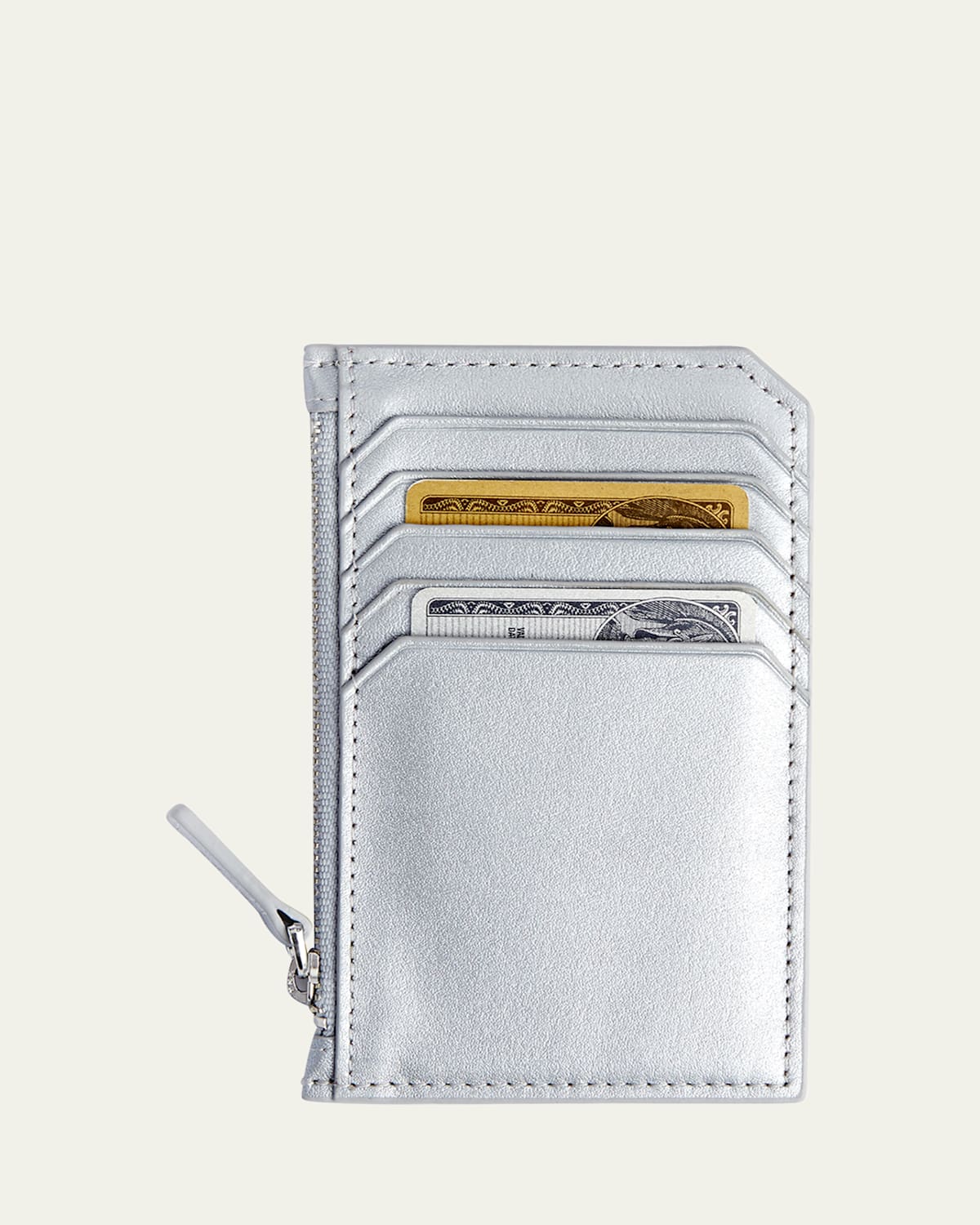 Royce New York Monogrammed Zippered Leather Credit Card Case In Silver