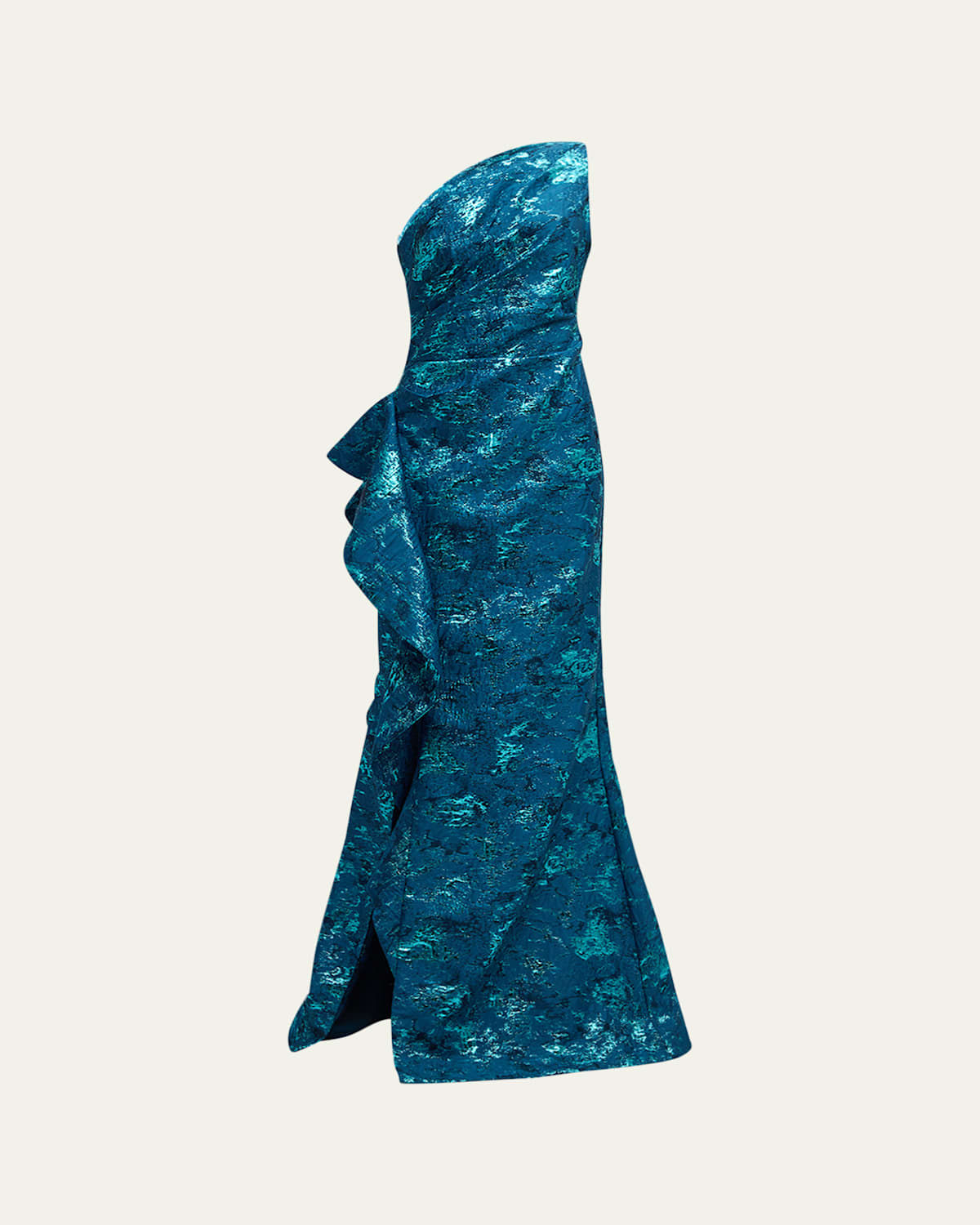 Metallic Jacquard One-Shoulder Side-Ruffle Gown