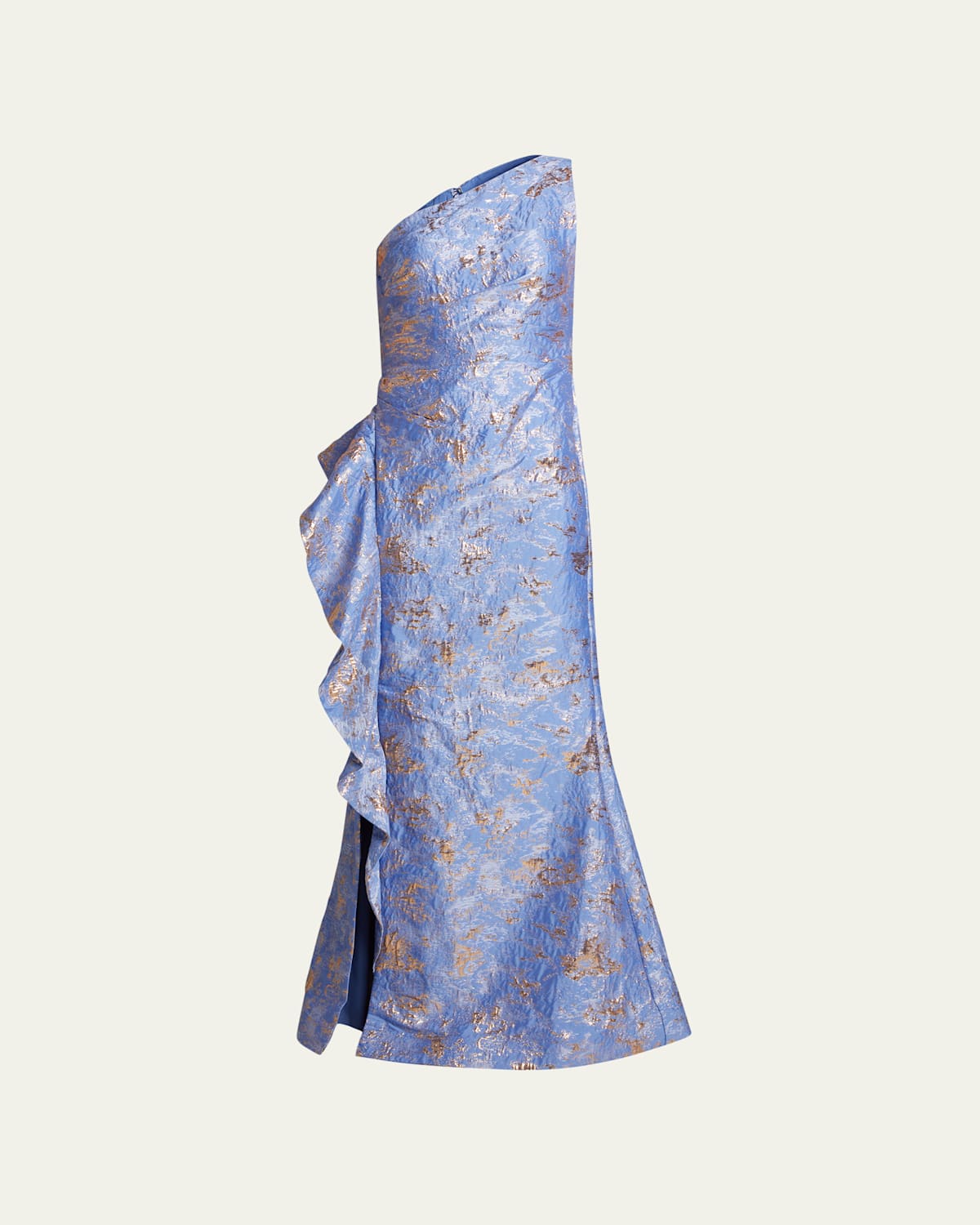 Metallic Jacquard One-Shoulder Side-Ruffle Gown