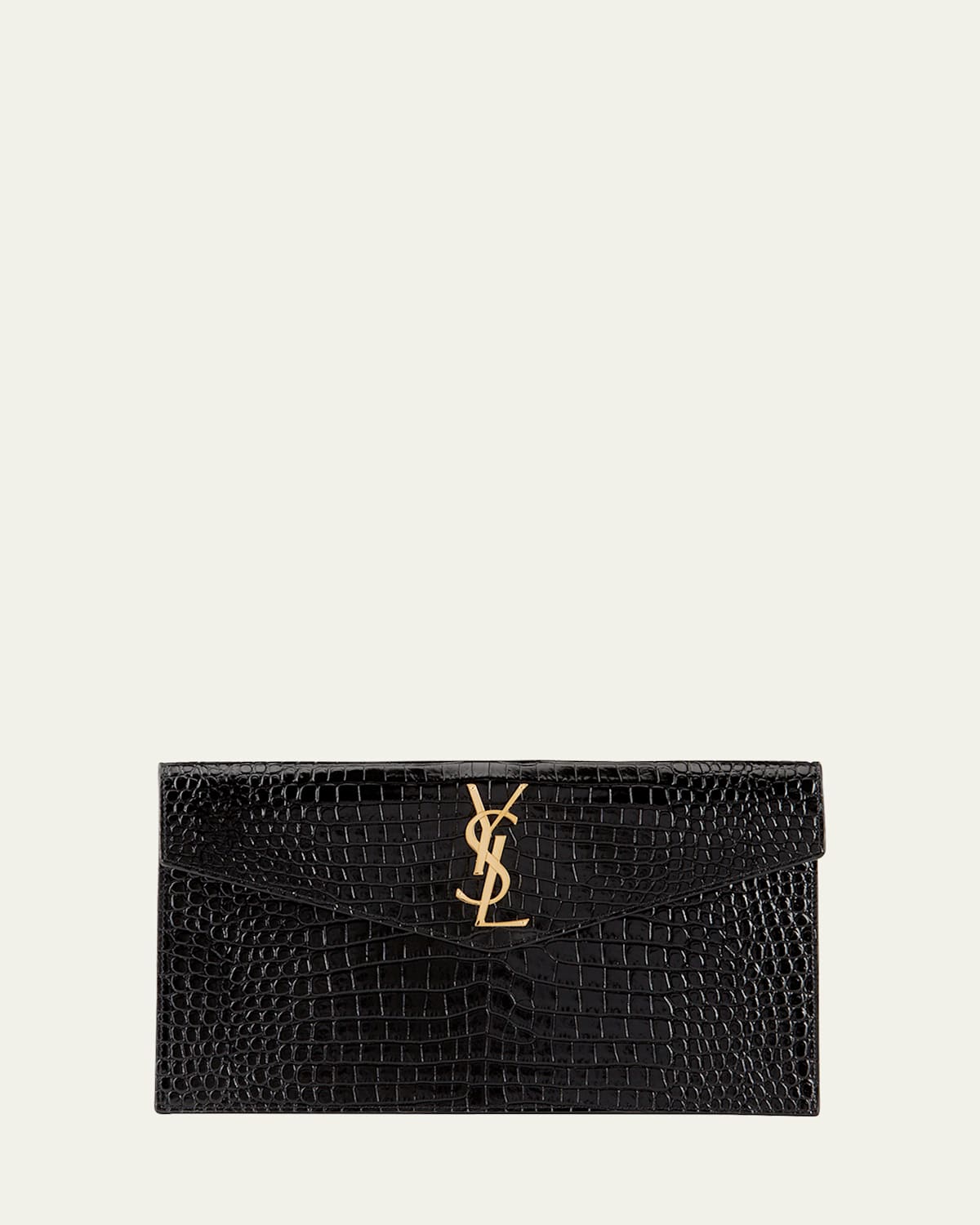 Saint Laurent Uptown Medium Ysl Monogram Croc-embossed Pouch Bag In Black