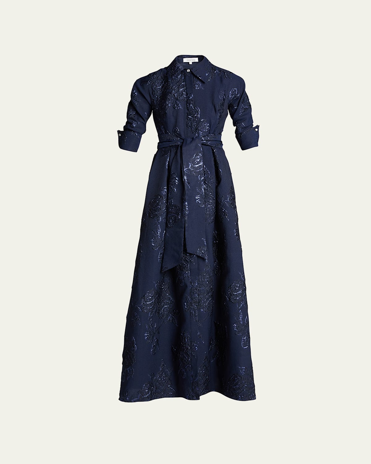 Rickie Freeman For Teri Jon Belted Jacquard Shirtdress Gown In Navy