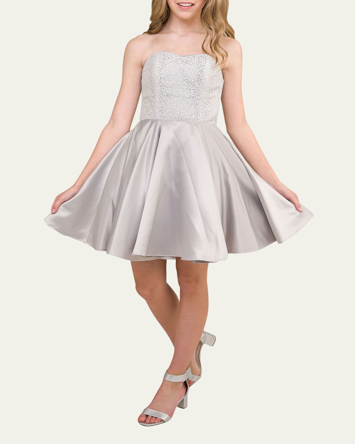 Un Deux Trois Kids' Girl's Strapless Sequin & Satin Party Dress In Silver