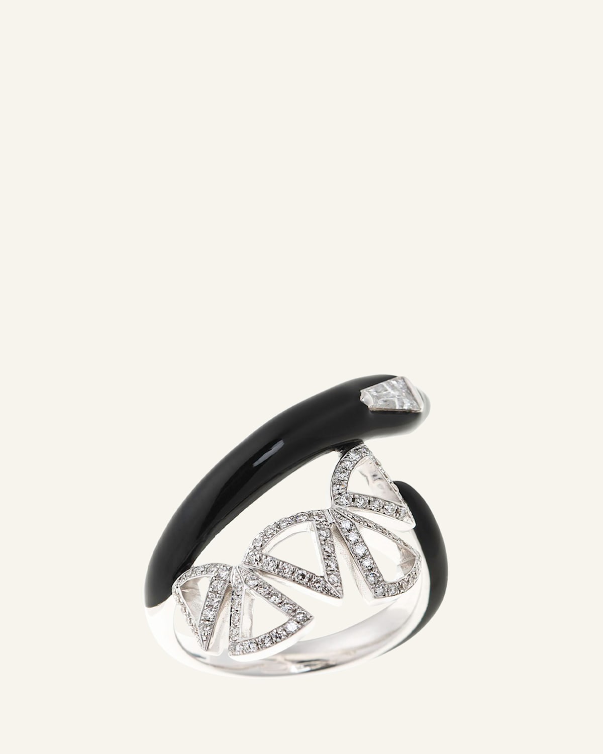 Oui Open Wrapped Diamond and Black Enamel Ring in 18k White Gold, Size 6.5