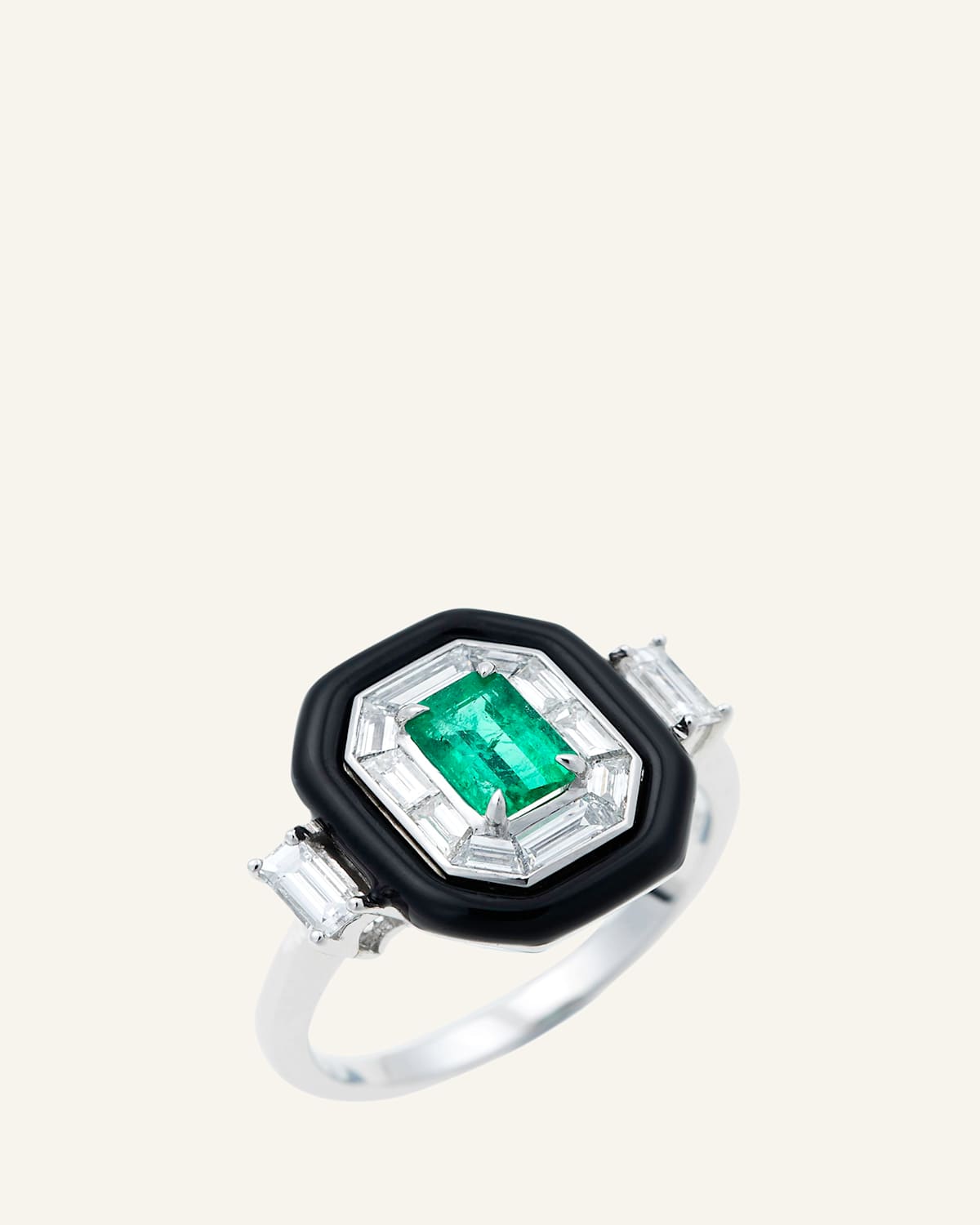 Oui 18k White Gold Black Enamel, Emerald and Diamond Ring