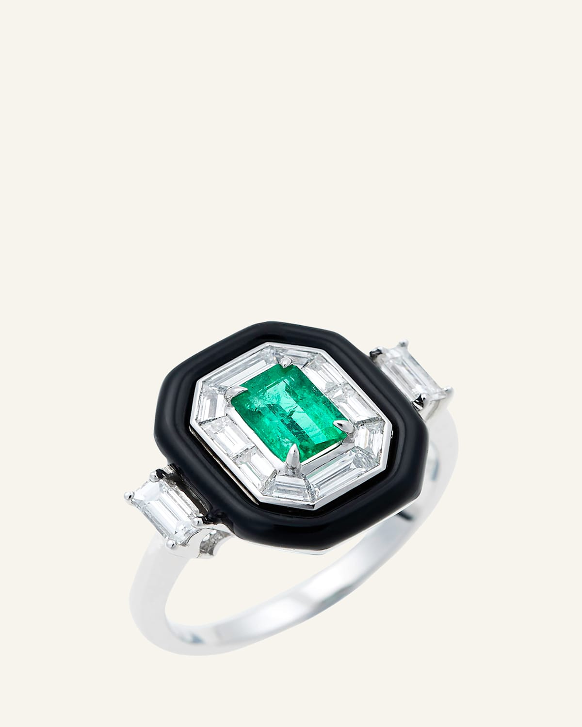 Nikos Koulis Oui 18k White Gold Black Enamel, Emerald and Diamond Ring