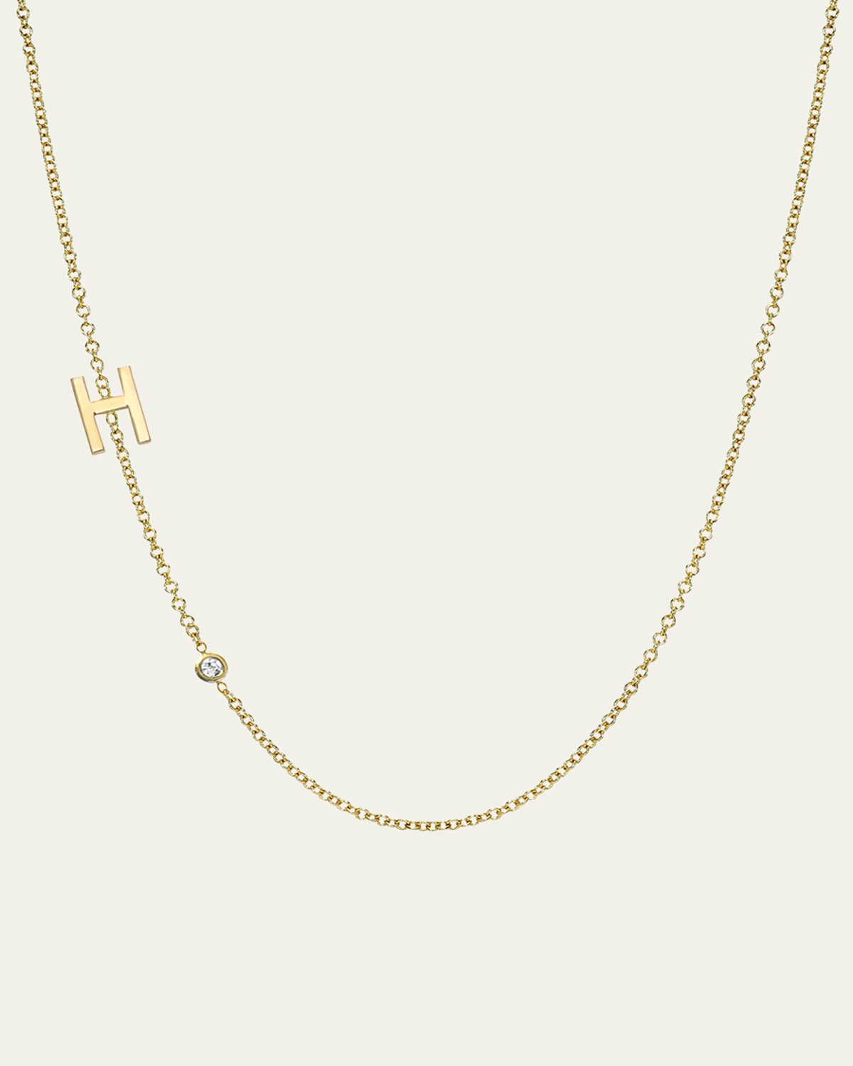 Zoe Lev Jewelry 14k Gold Asymmetrical Initial and Bezel Diamond Necklace