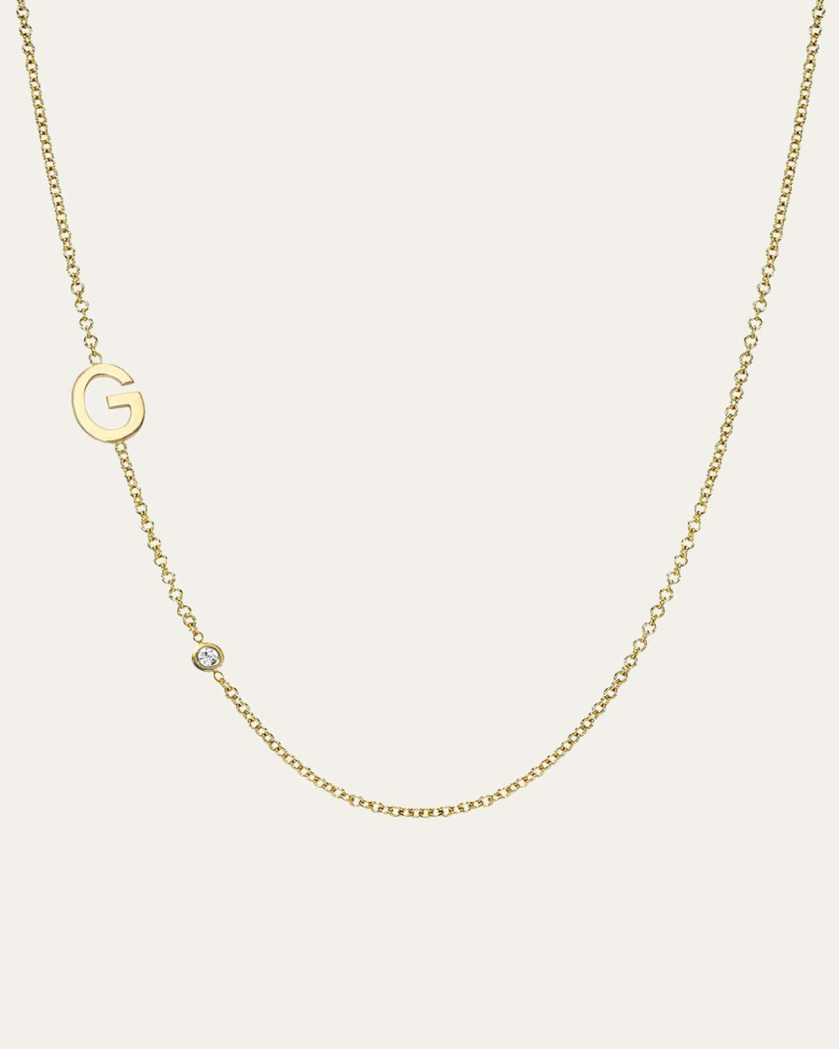 Zoe Lev Jewelry 14k Gold Asymmetrical Initial and Bezel Diamond Necklace