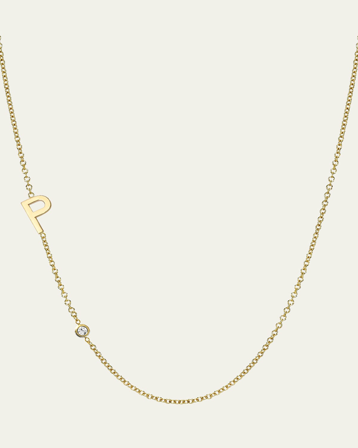 Zoe Lev Jewelry 14k Gold Asymmetrical Initial and Bezel Diamond Necklace