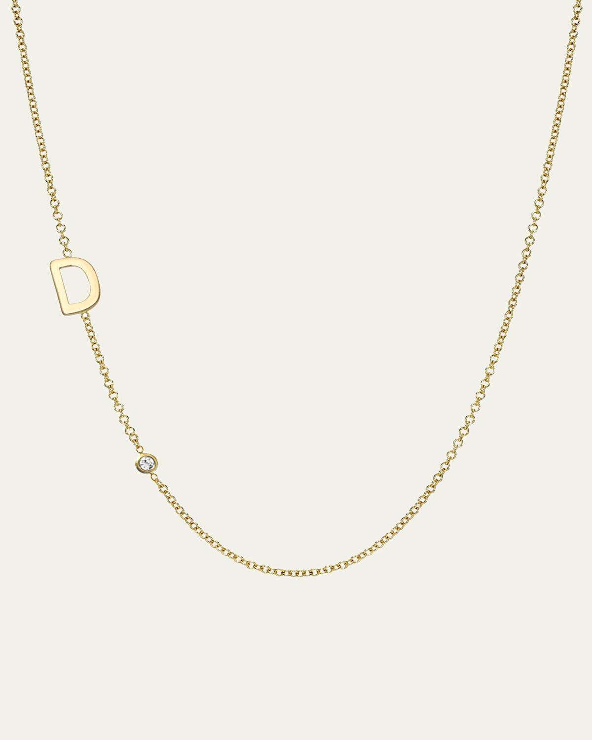 Zoe Lev Jewelry 14k Gold Asymmetrical Initial and Bezel Diamond Necklace