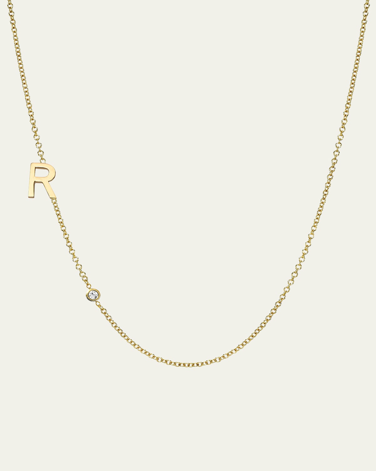 Zoe Lev Jewelry 14k Gold Asymmetrical Initial and Bezel Diamond Necklace