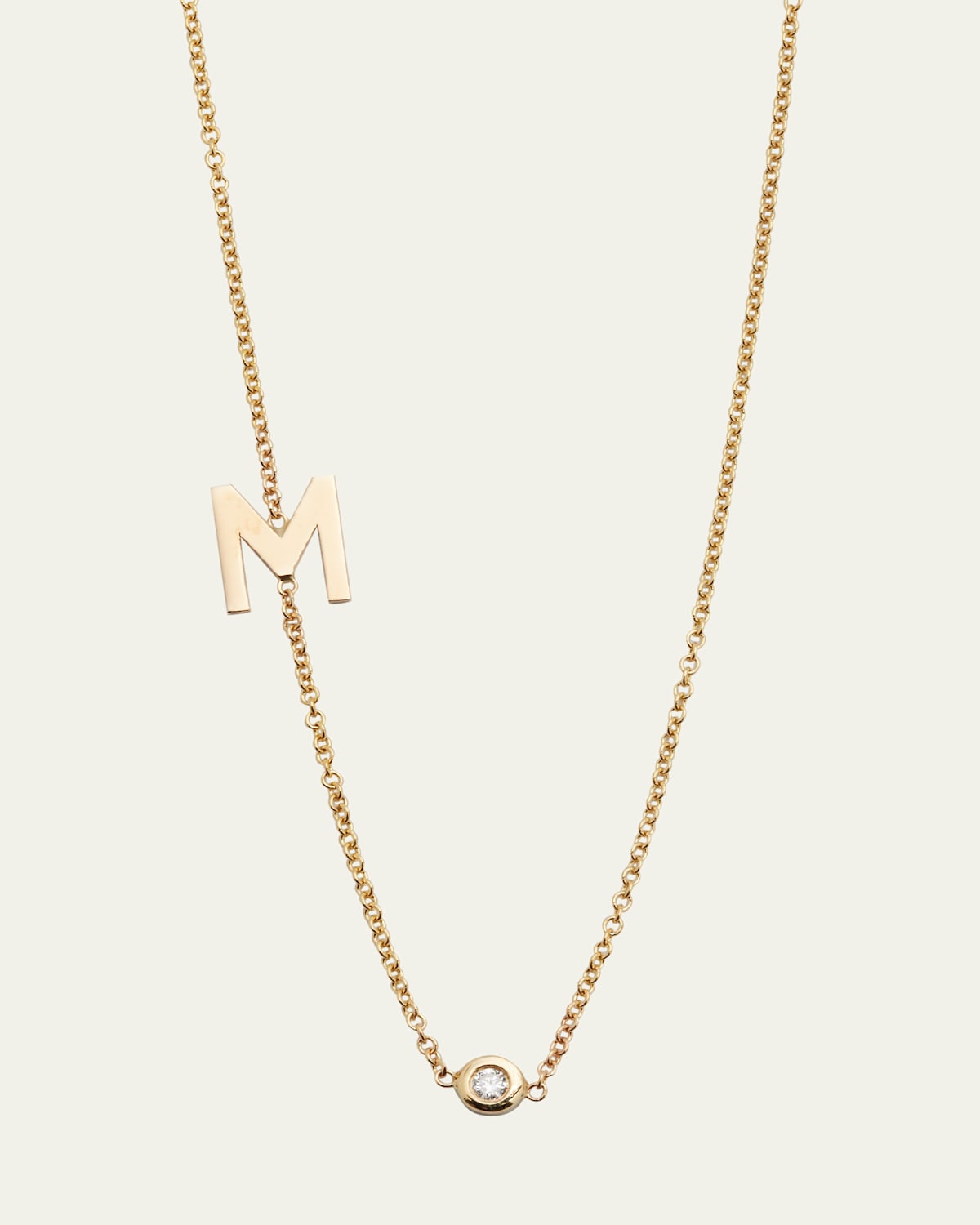 14k Gold Asymmetrical Initial and Bezel Diamond Necklace