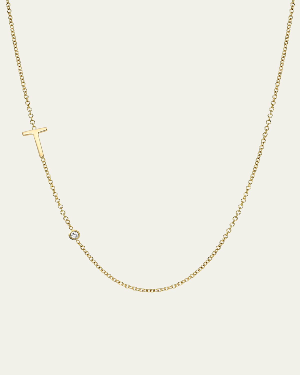 Zoe Lev Jewelry 14k Gold Asymmetrical Initial and Bezel Diamond Necklace