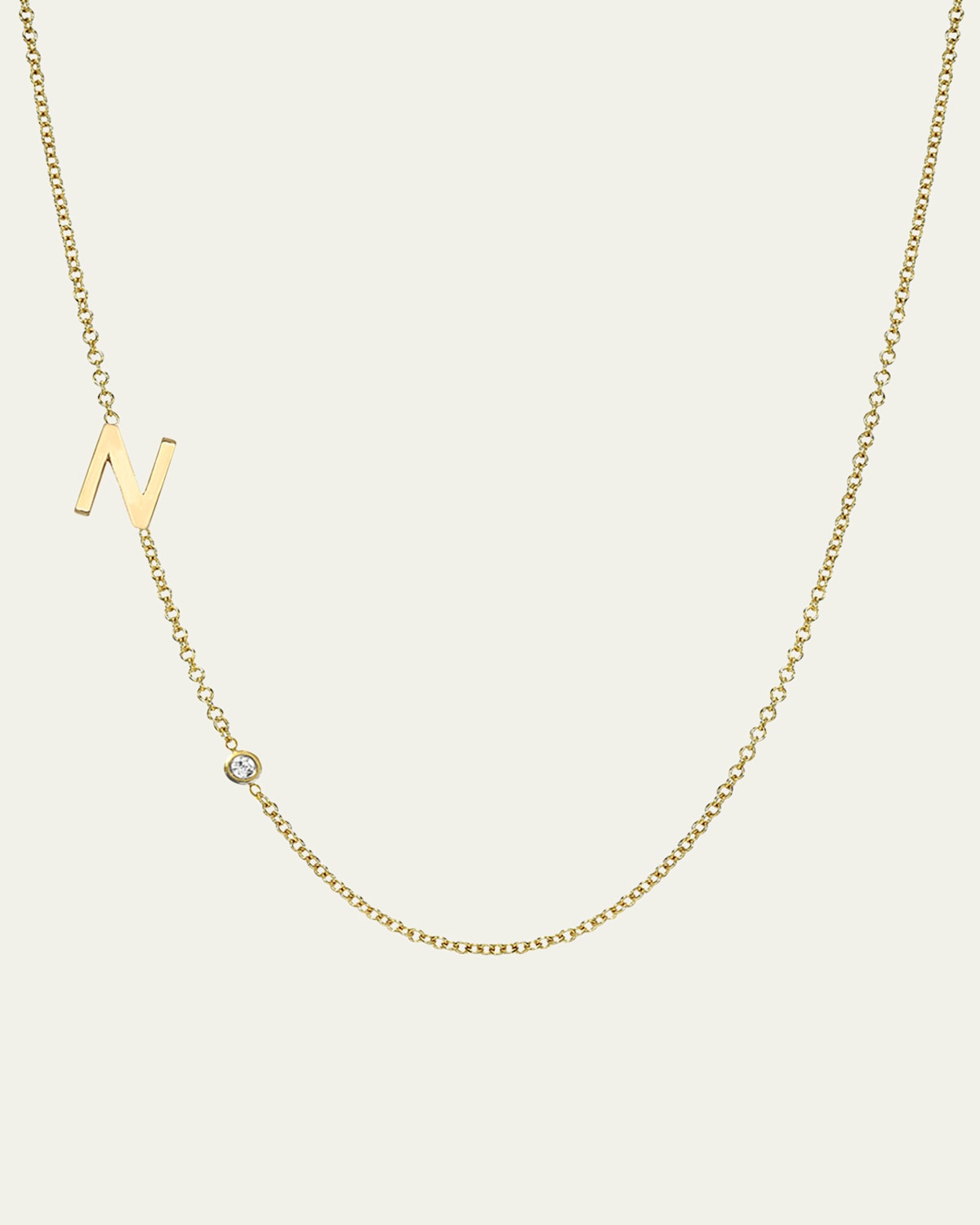 Zoe Lev Jewelry 14k Gold Asymmetrical Initial and Bezel Diamond Necklace