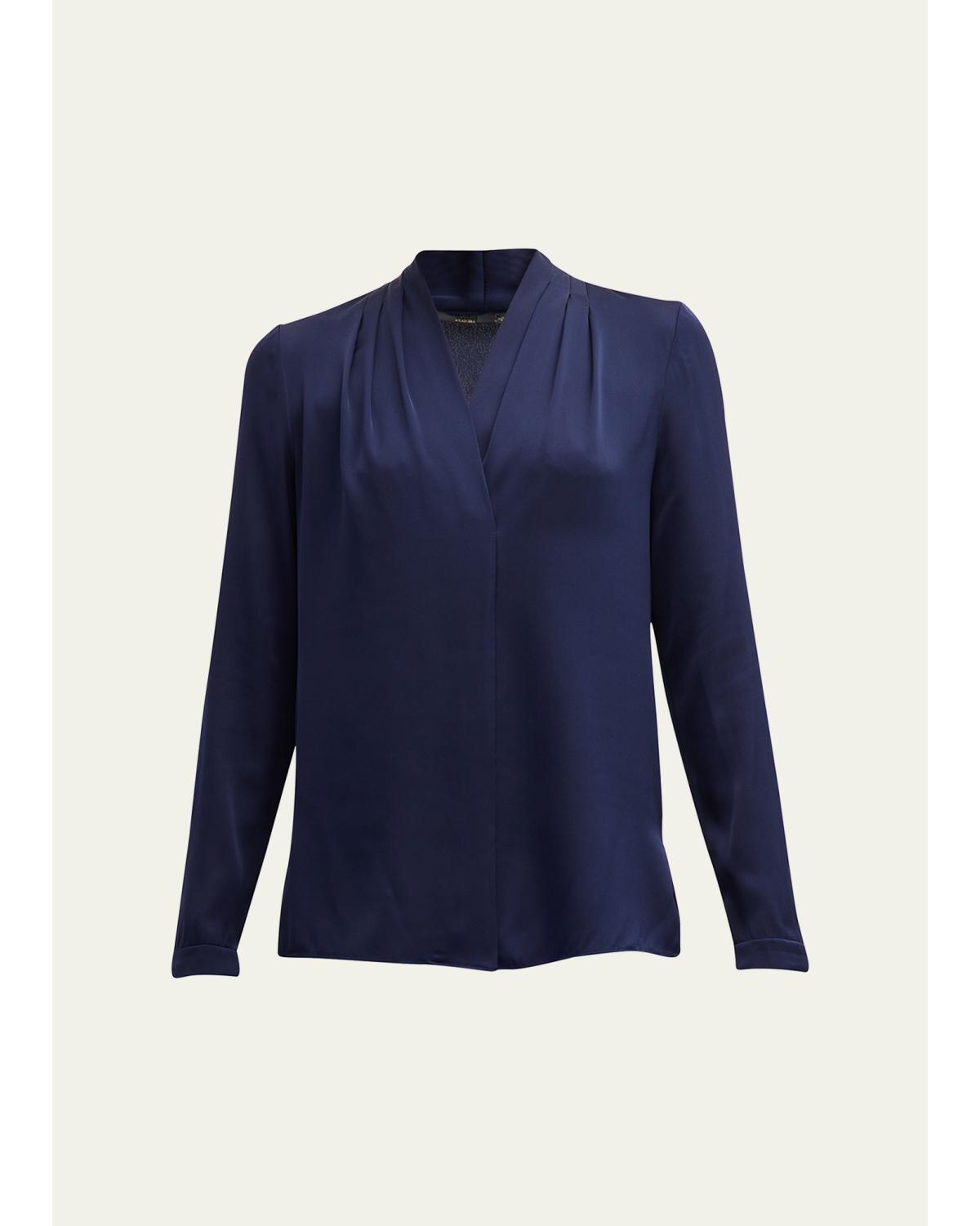 Nellie Pleated V-Neck Long-Sleeve Blouse