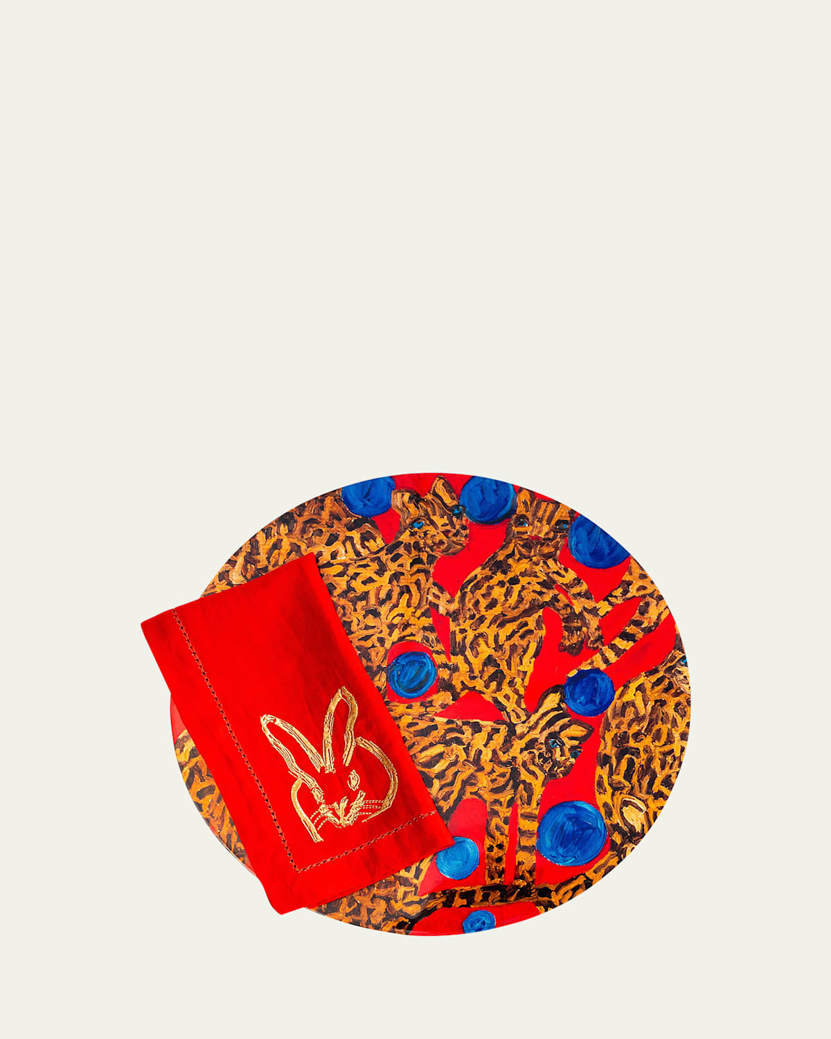 Hunt Slonem Blue Pearls Ocelot Lacquered Placemat In Red Multi