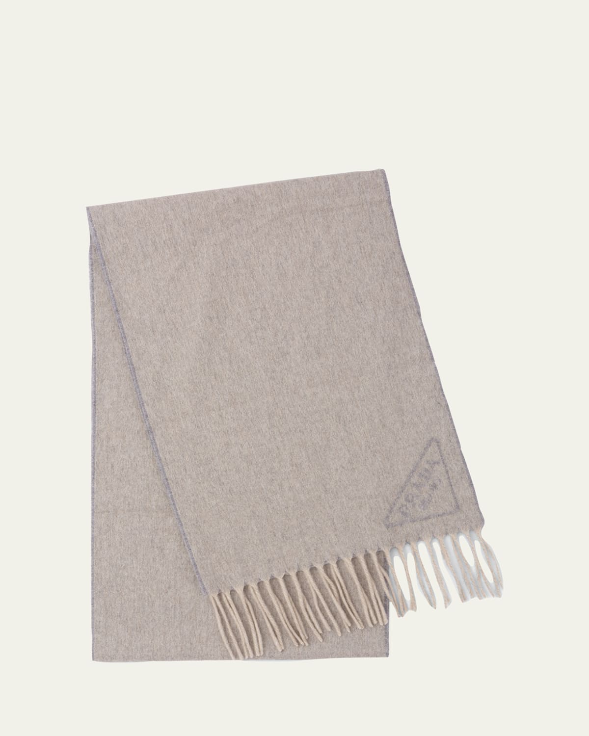 Prada Triangle Logo Cashmere Fringe Scarf In Beige Khaki