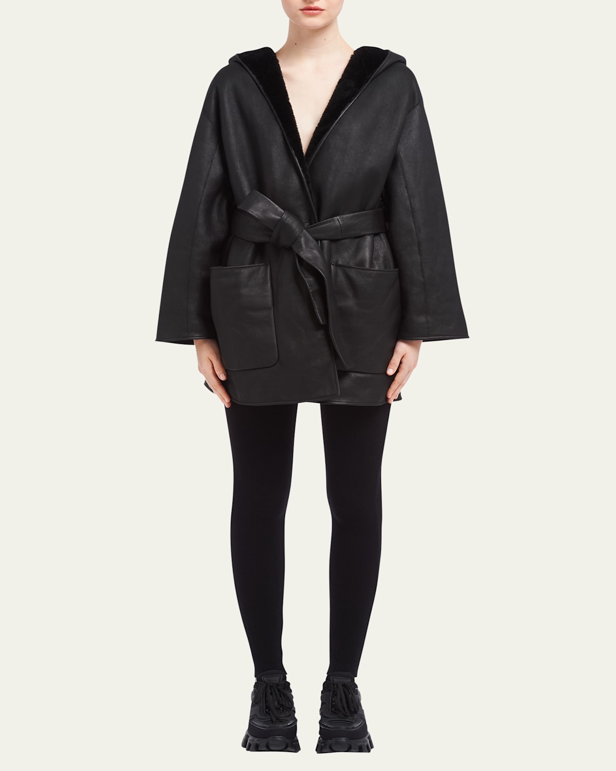 Prada Reversible Hooded Shearling Wrap Coat In Nero