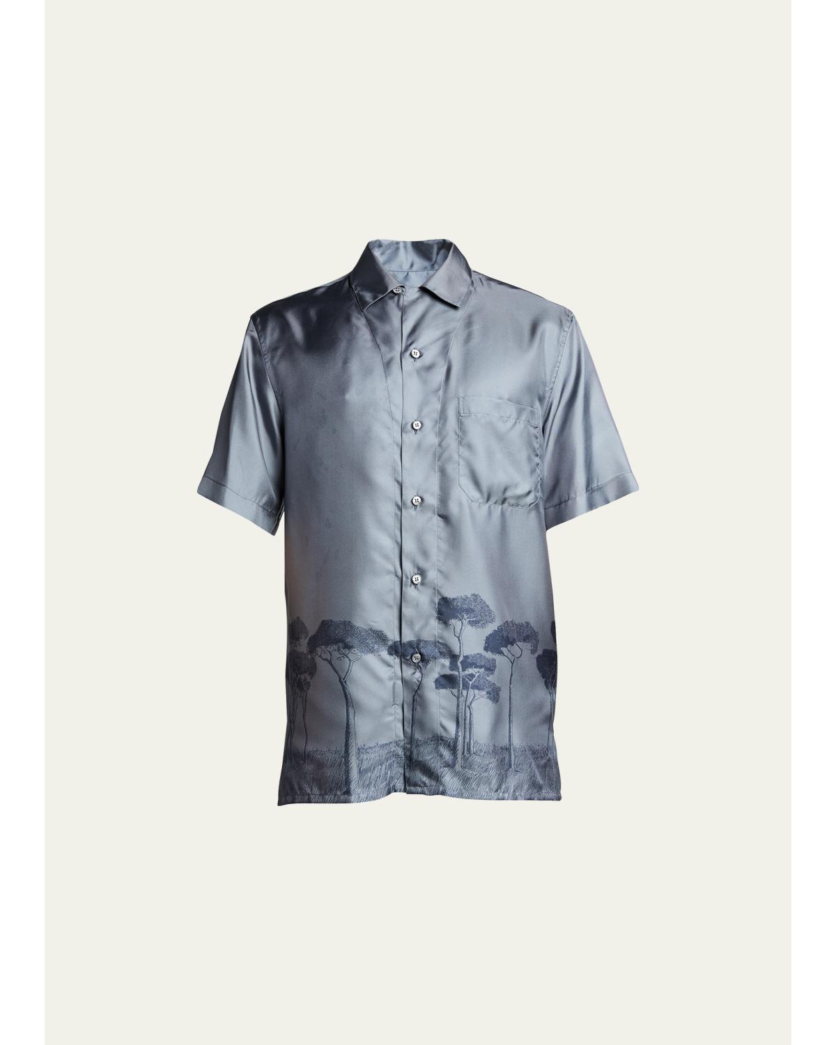 Men'S Roman Tree-Print Silk Camp Shirt
