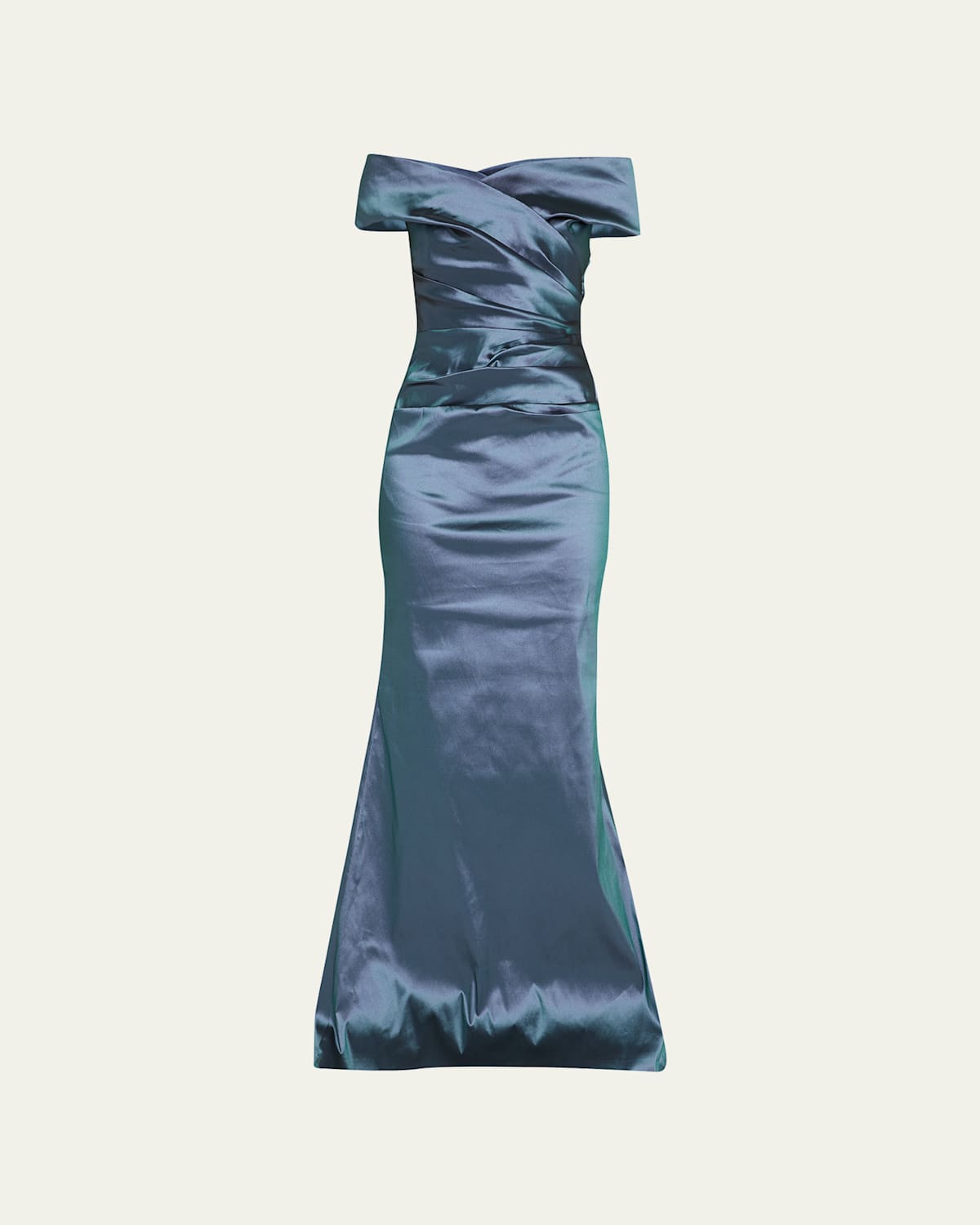 Rickie Freeman For Teri Jon Off-shoulder Ruched Taffeta Gown In Slate
