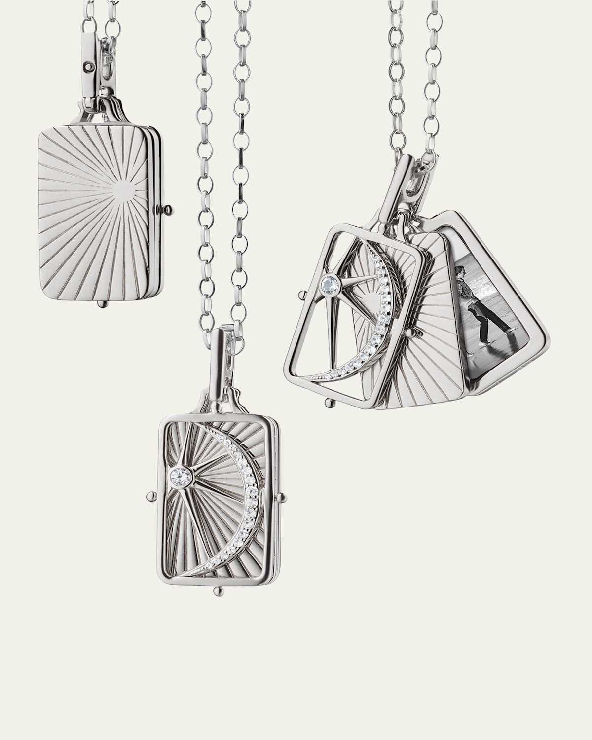 Monica Rich Kosann Sterling Silver Rectangular Sun, Moon, and Stars Gate Frame Necklace with Two Image Cases on a 32" Chain