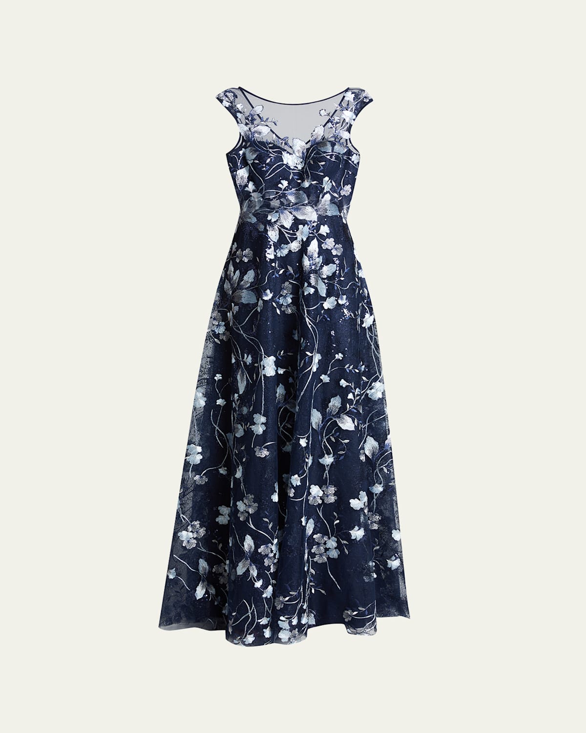 Cap-Sleeve Embroidered Tulle A-Line Gown