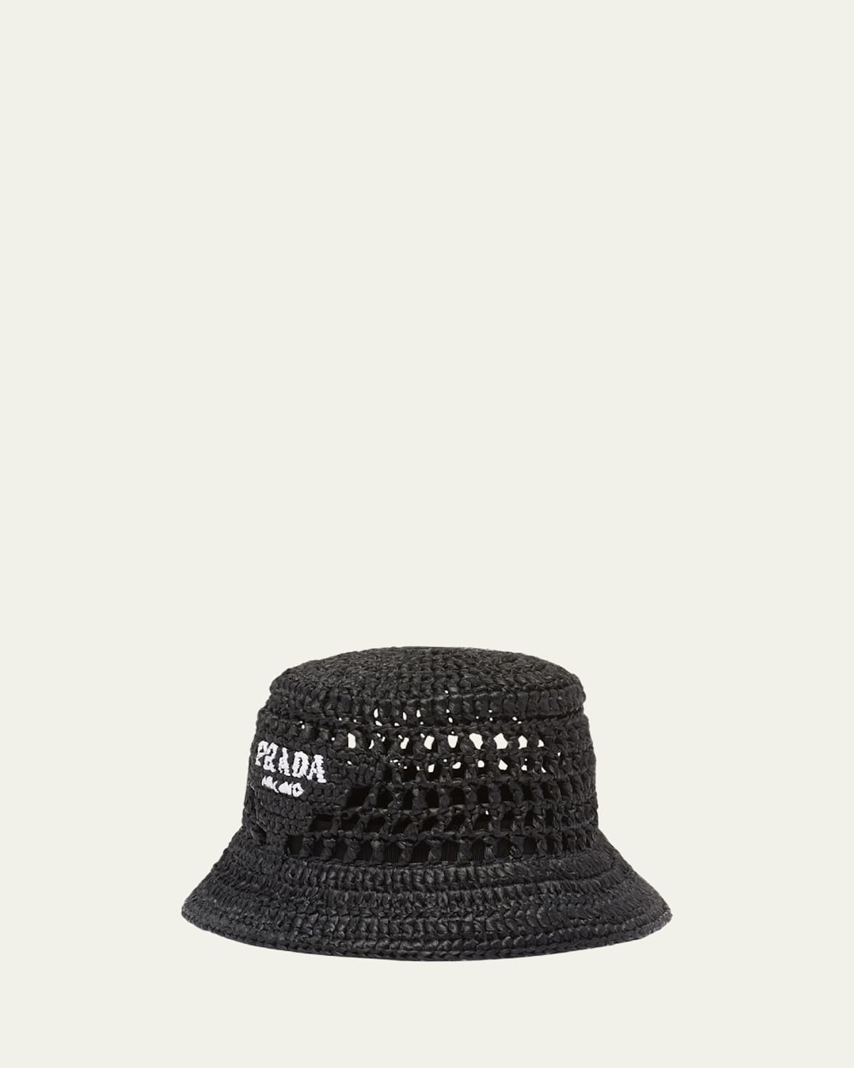 Prada Logo Cutout Raffia Bucket Hat In F0002 Nero