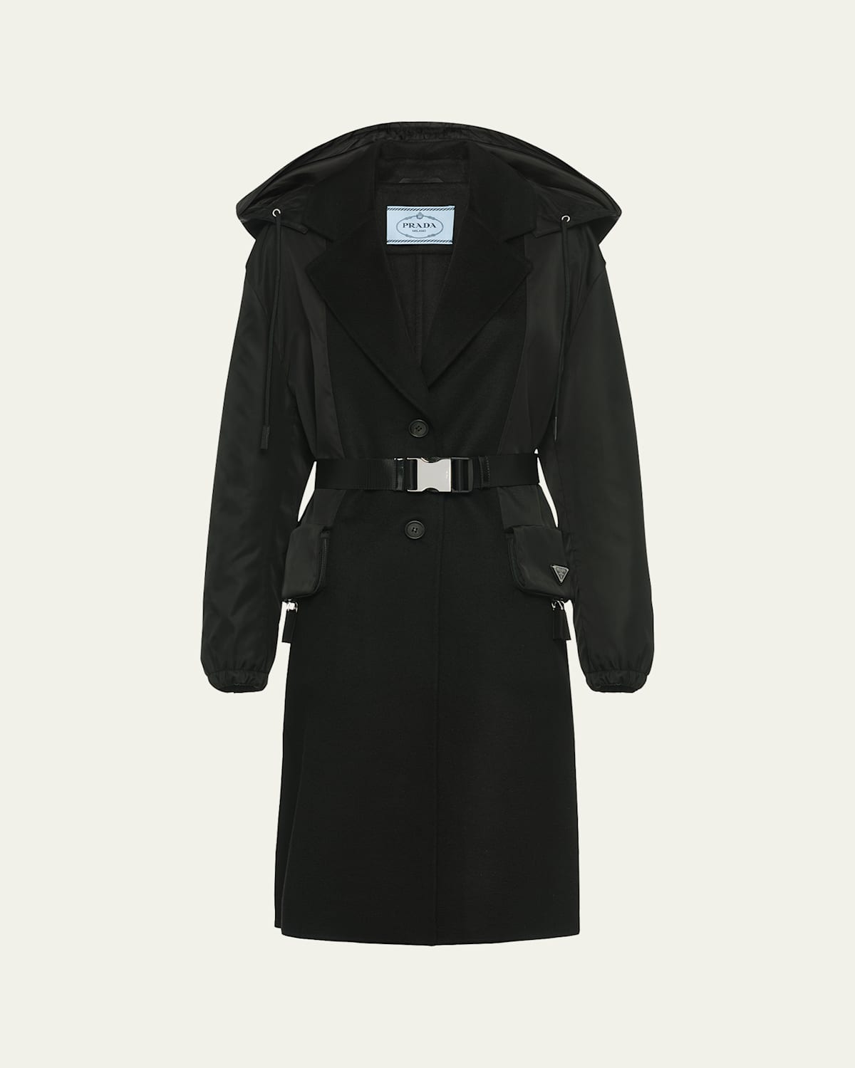 Prada Mixed-media Hooded Cashmere Coat In Nero Nero