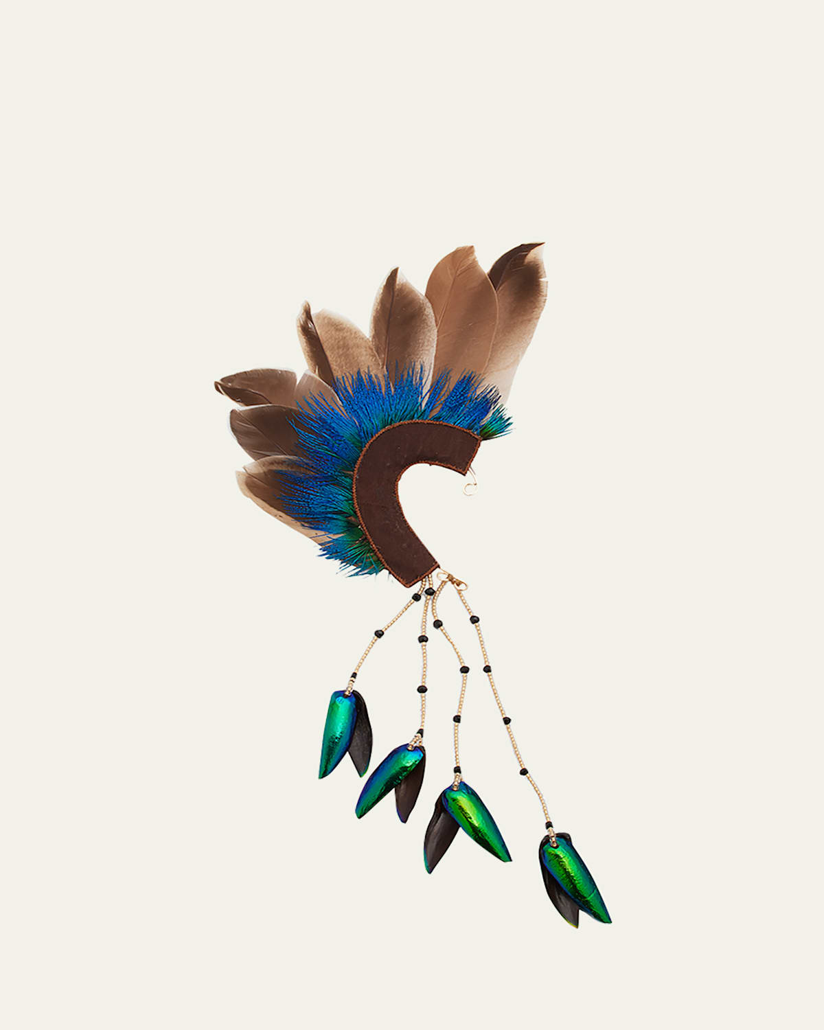 Feathered Ear Cuff with Beetle Wing Tassel, Single