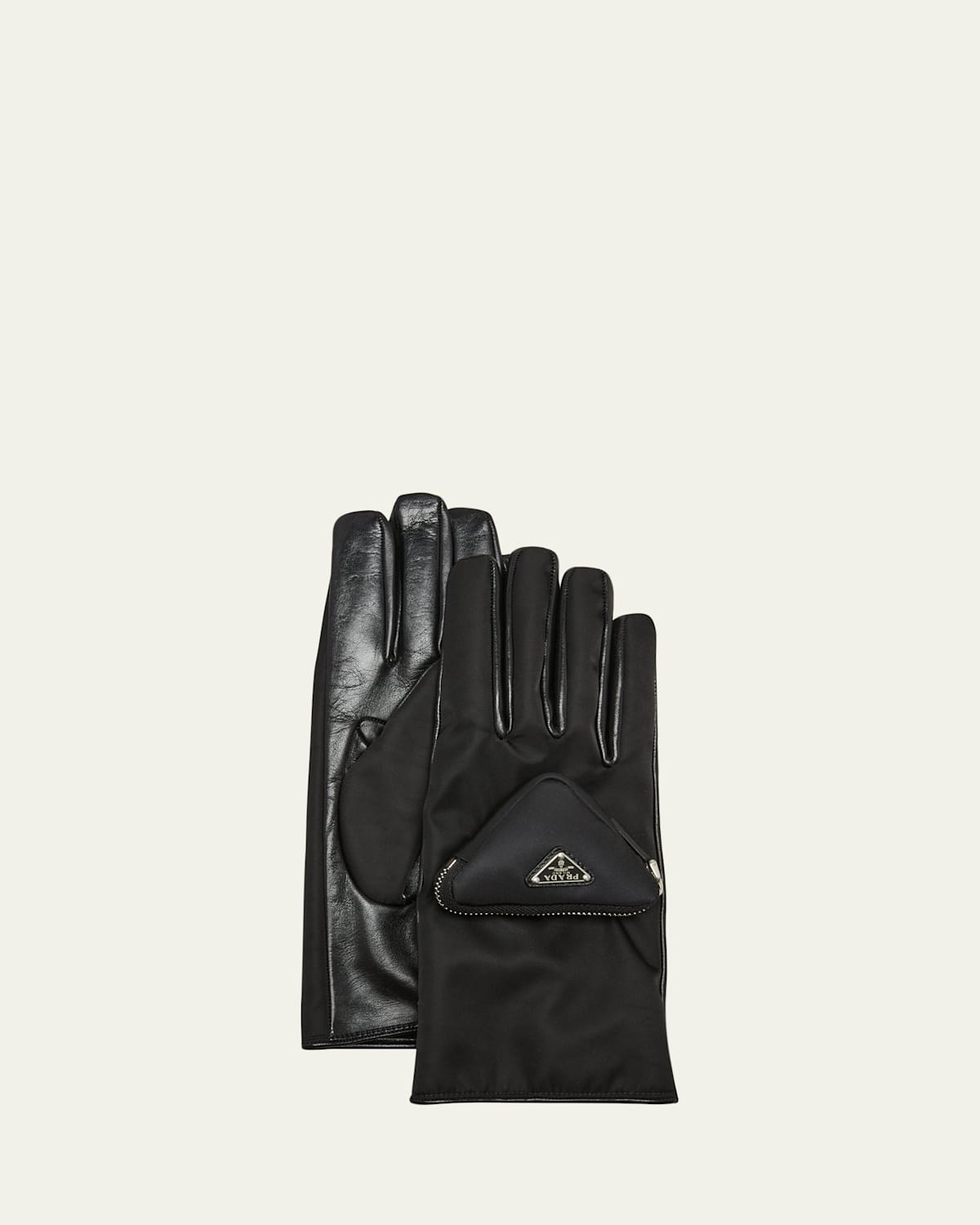 Prada Men's Nylon/leather Gloves With Pocket In Nero
