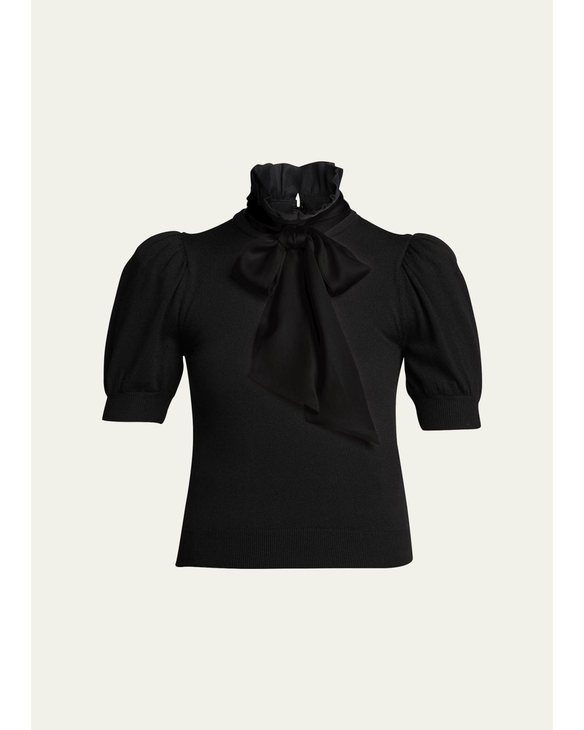Chase Puff-Sleeve Ruffle-Neck Sweater