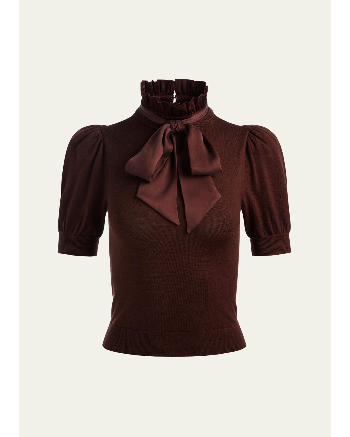 Chase Puff-Sleeve Ruffle-Neck Sweater
