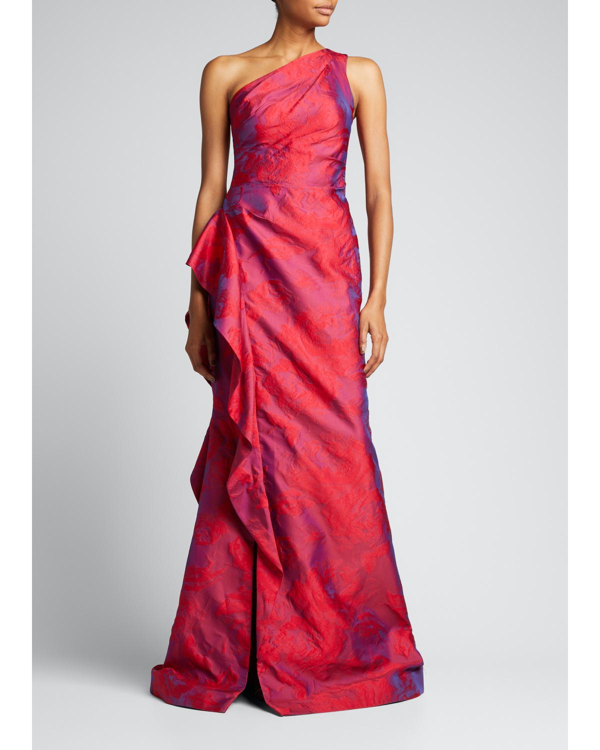One-Shoulder Side-Ruffle Gown