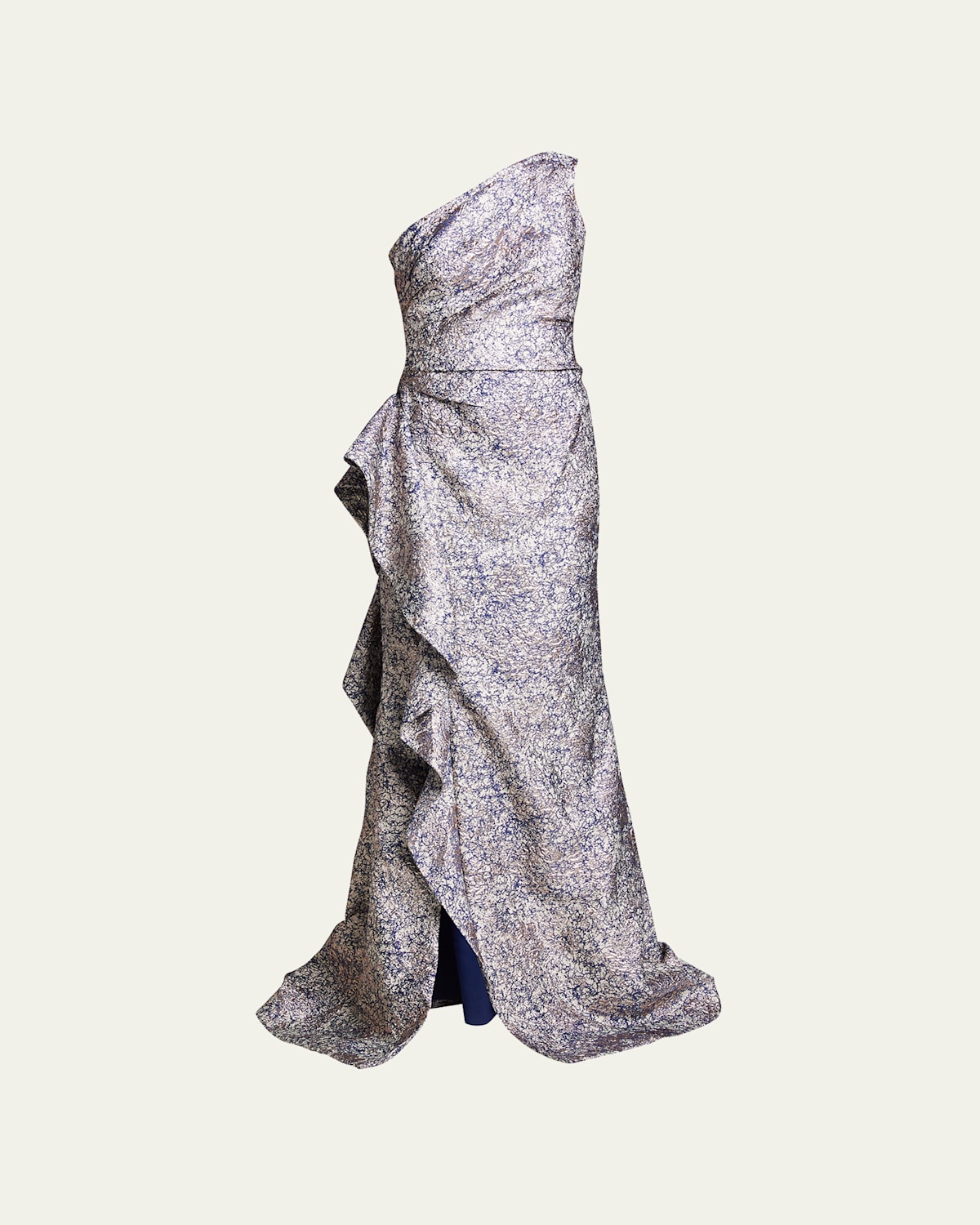 One-Shoulder Jacquard Side-Ruffle Gown
