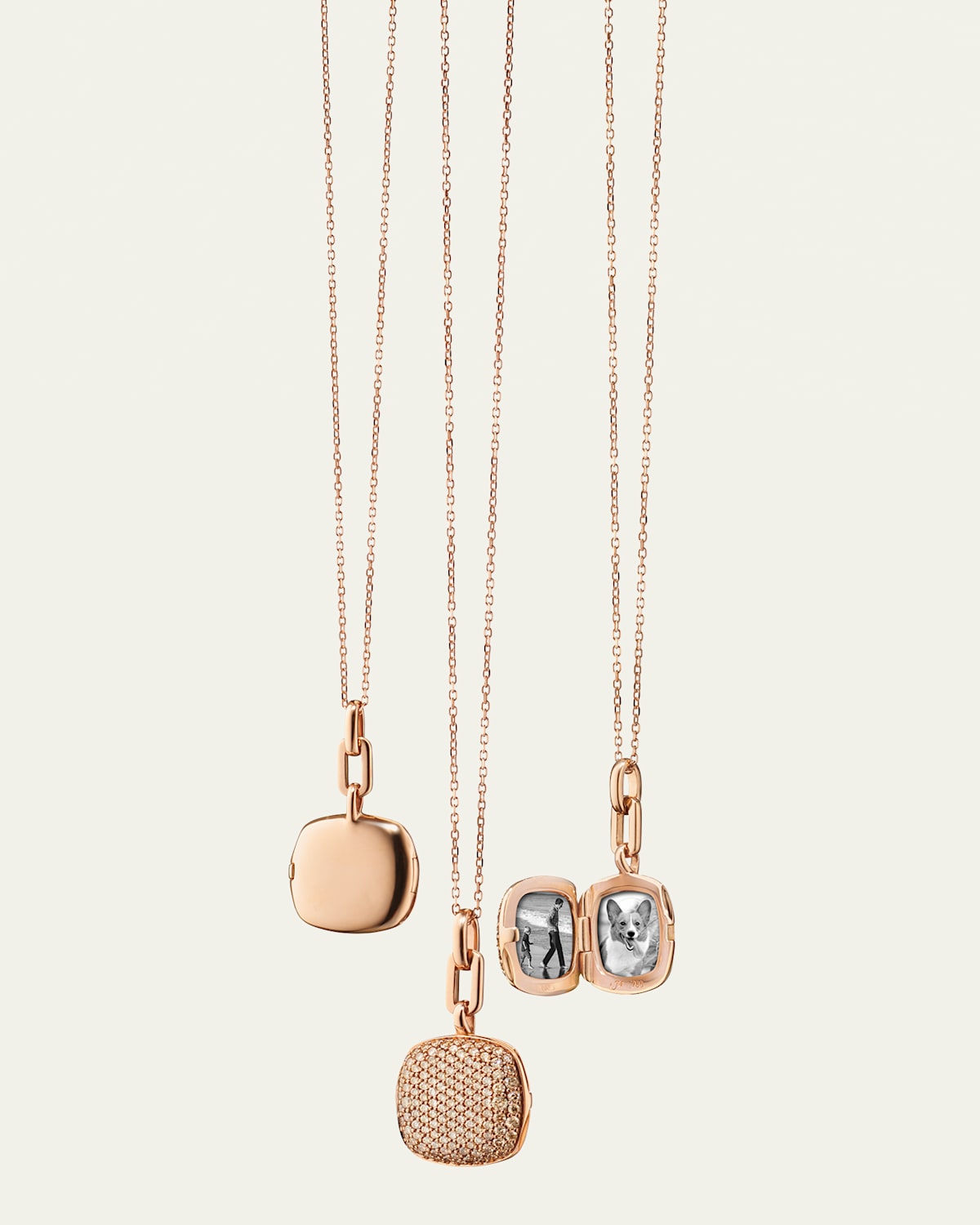 Monica Rich Kosann 18K Rose Gold Slim Cushion "Rae" Locket with Pavé Cognac Diamonds on Diamond-Cut Disappearing Chain