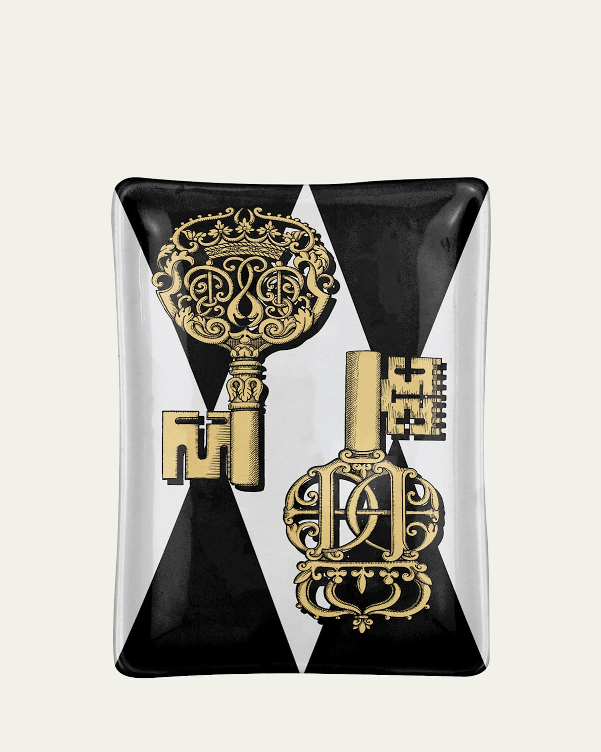 Fornasetti Chiavi Gold And Rombi Rectangular Ashtray In White/black/gold