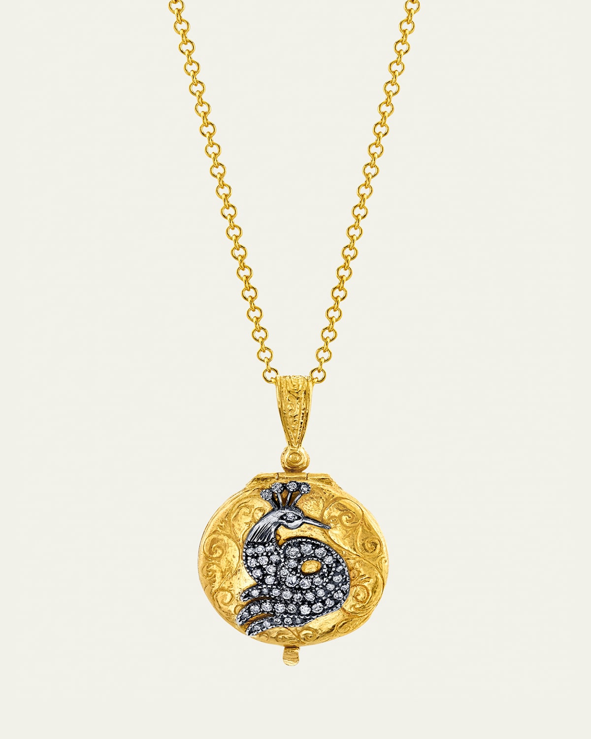 Small Round Locket Necklace with Diamond Peacock