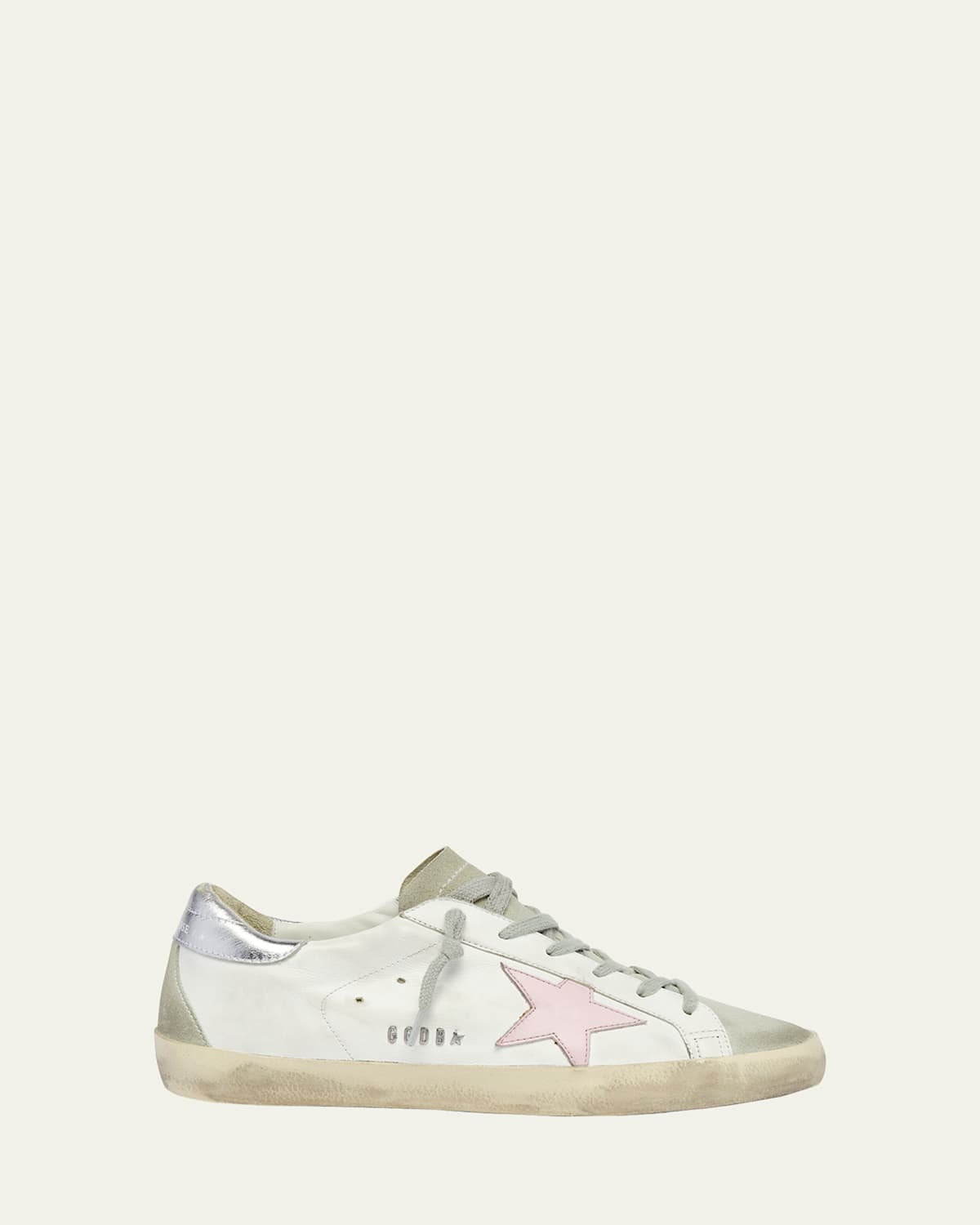 Golden Goose Super-star Leather Upper And Star Suede Toe And Spur Laminated Heel Metal Lettering In White Ice Orchid Pink Silver