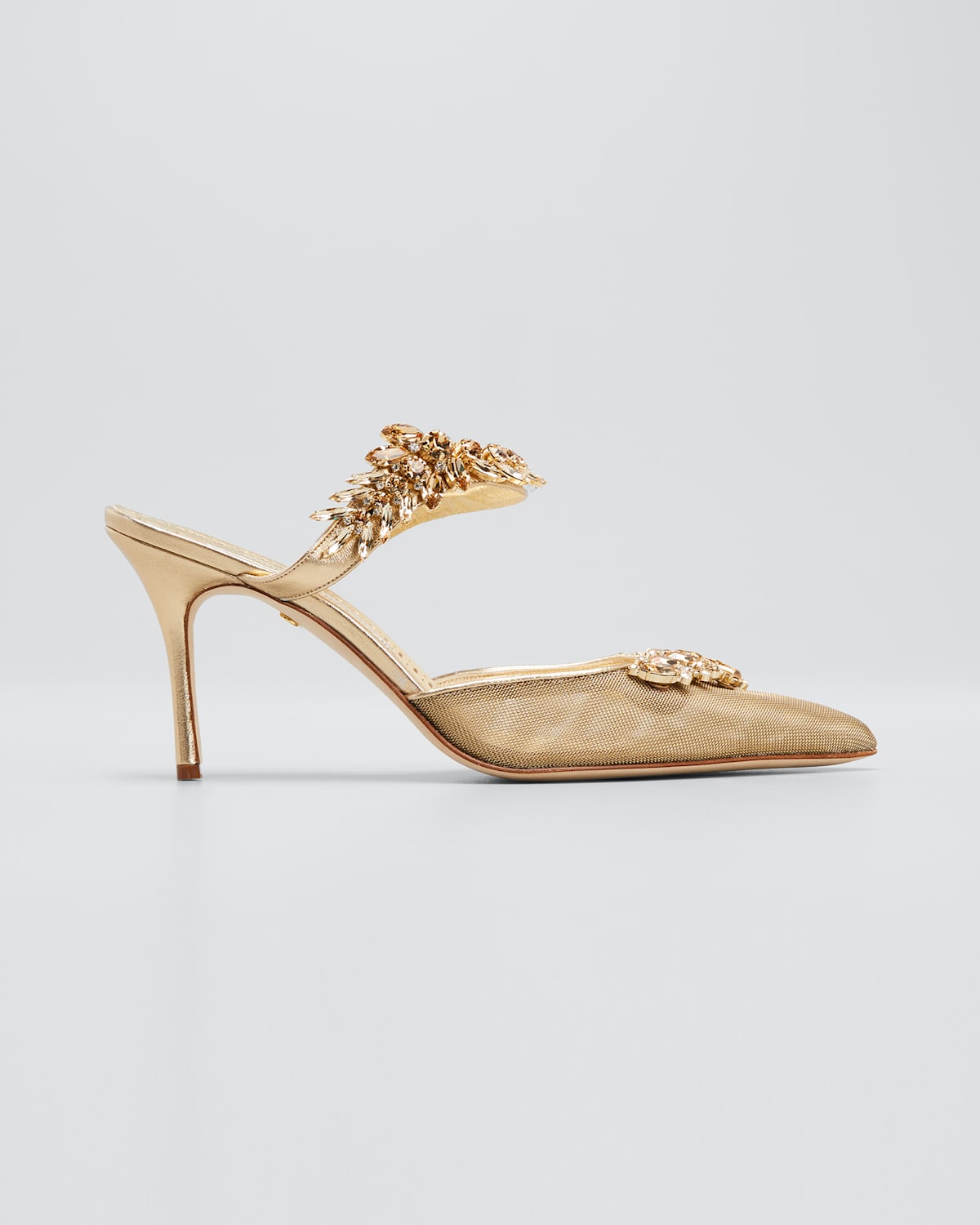 Manolo Blahnik Lurum Crystal-embellished Leather And Mesh Mules In Gold ...