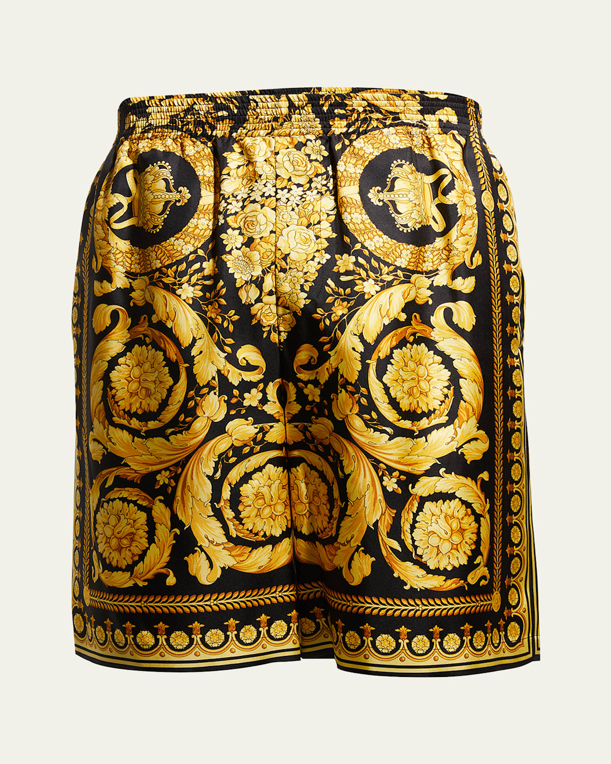Versace Knee-length Black And Gold Silk Shorts With Barocco Print In Black/gold