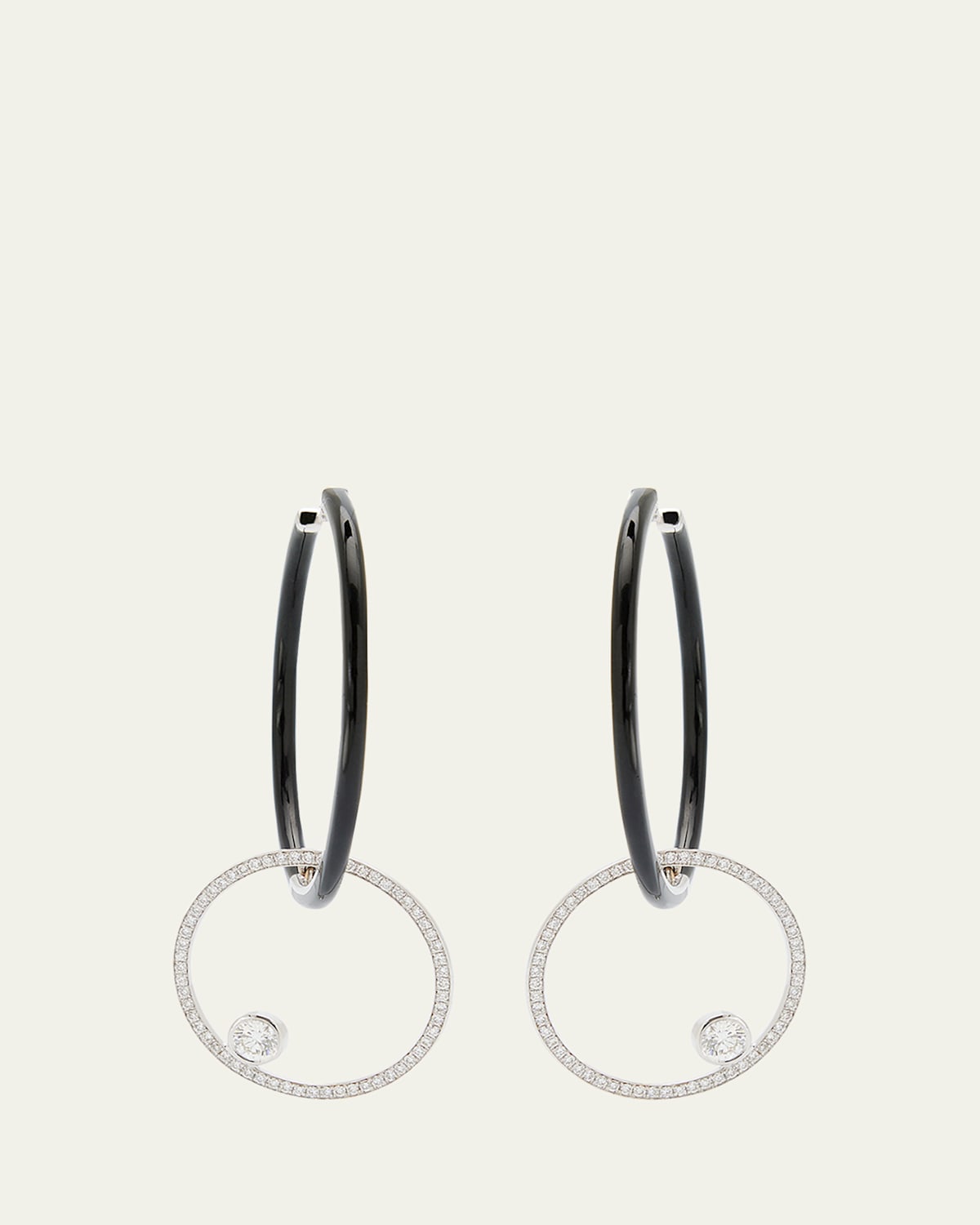 Oui Black Enamel Hoop Earrings with Pave Ring and Round Diamonds