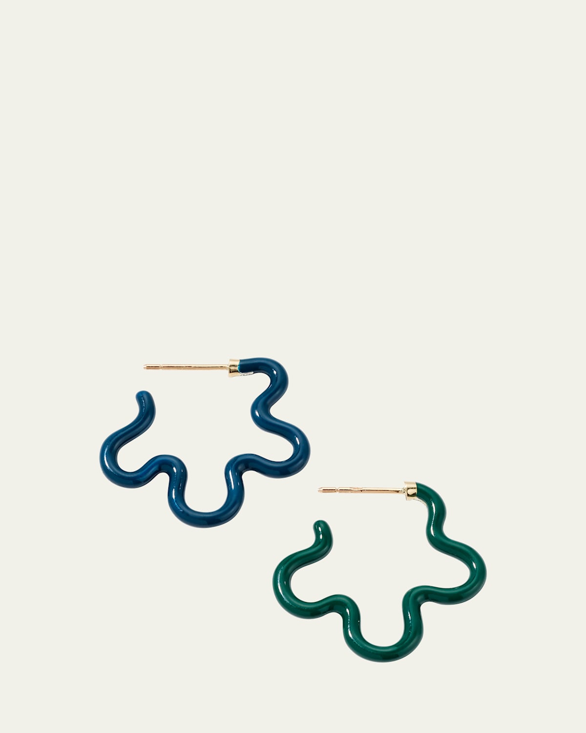Two-Tone Asymmetrical Flower Small Hoop Earrings in Emerald and Teal Enamel