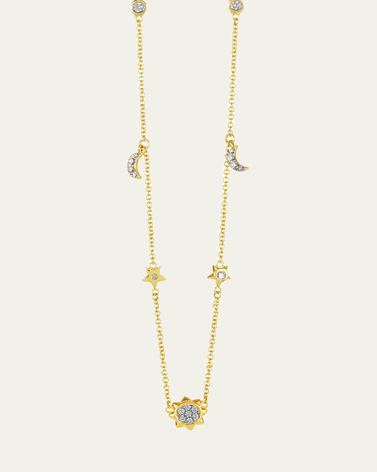 Monica Rich Kosann Yellow Gold Cable Chain with Center Diamond Sun, Moon and Star