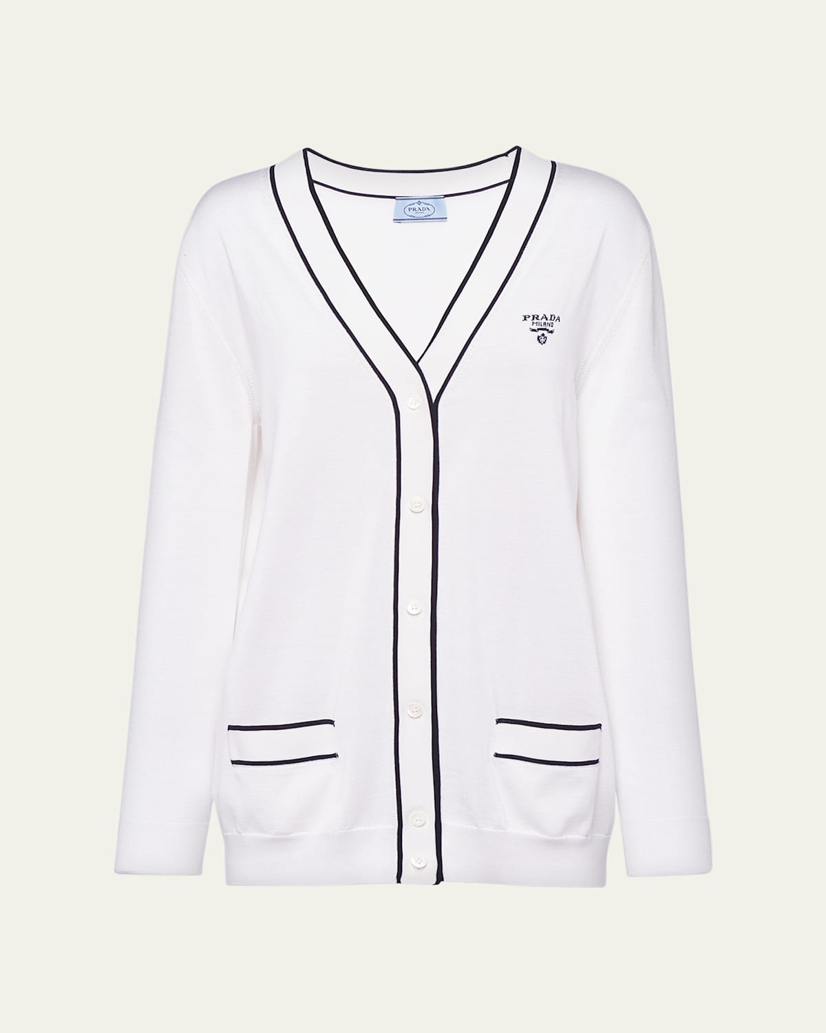 Prada Logo-intarsia Silk Cardigan W/ Contrast Tipping In Bianco Nero