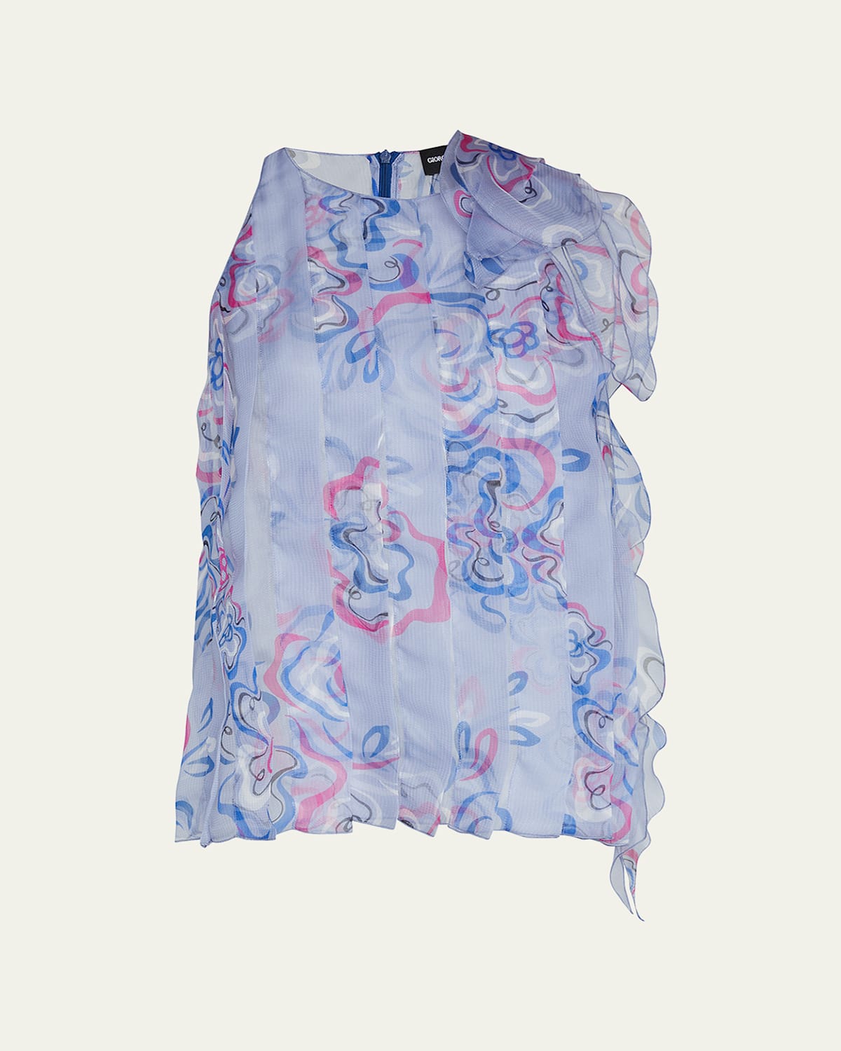 Floral-Print Bow Pleated Organza Tank